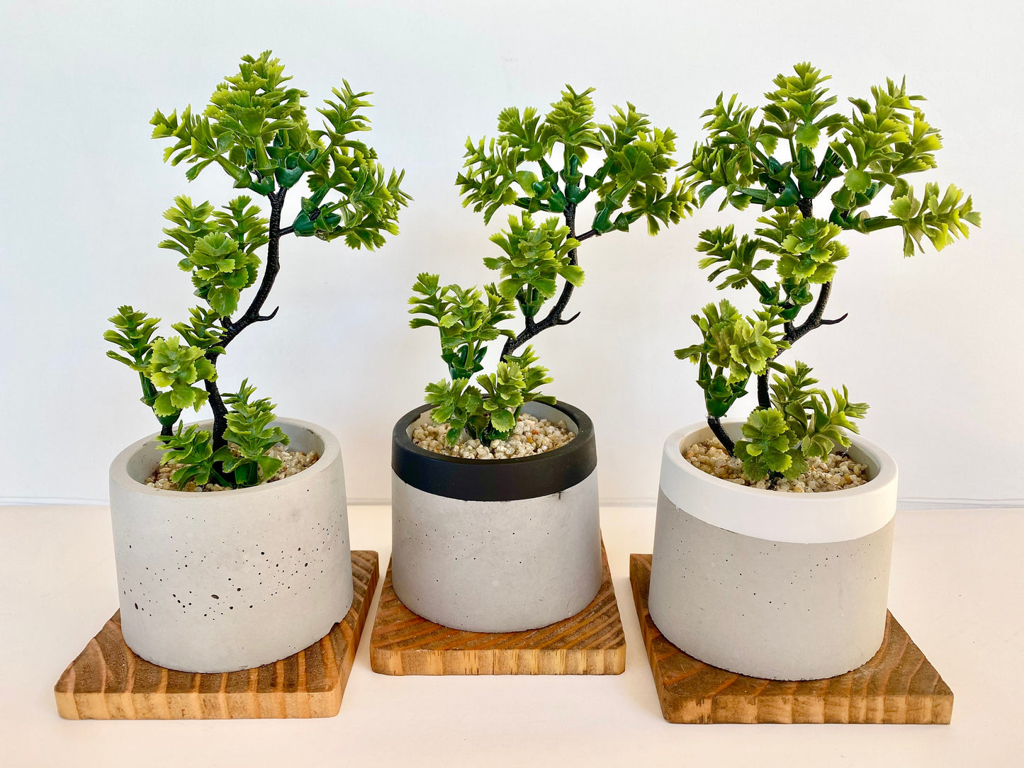 Artificial Bonsai Plant in handmade Concrete Pot with Wood Tray