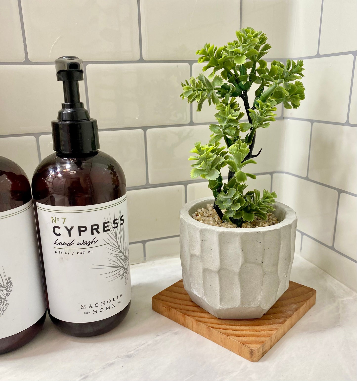 Artificial Bonsai Plant in handmade, textured Concrete Pot with Wood Tray