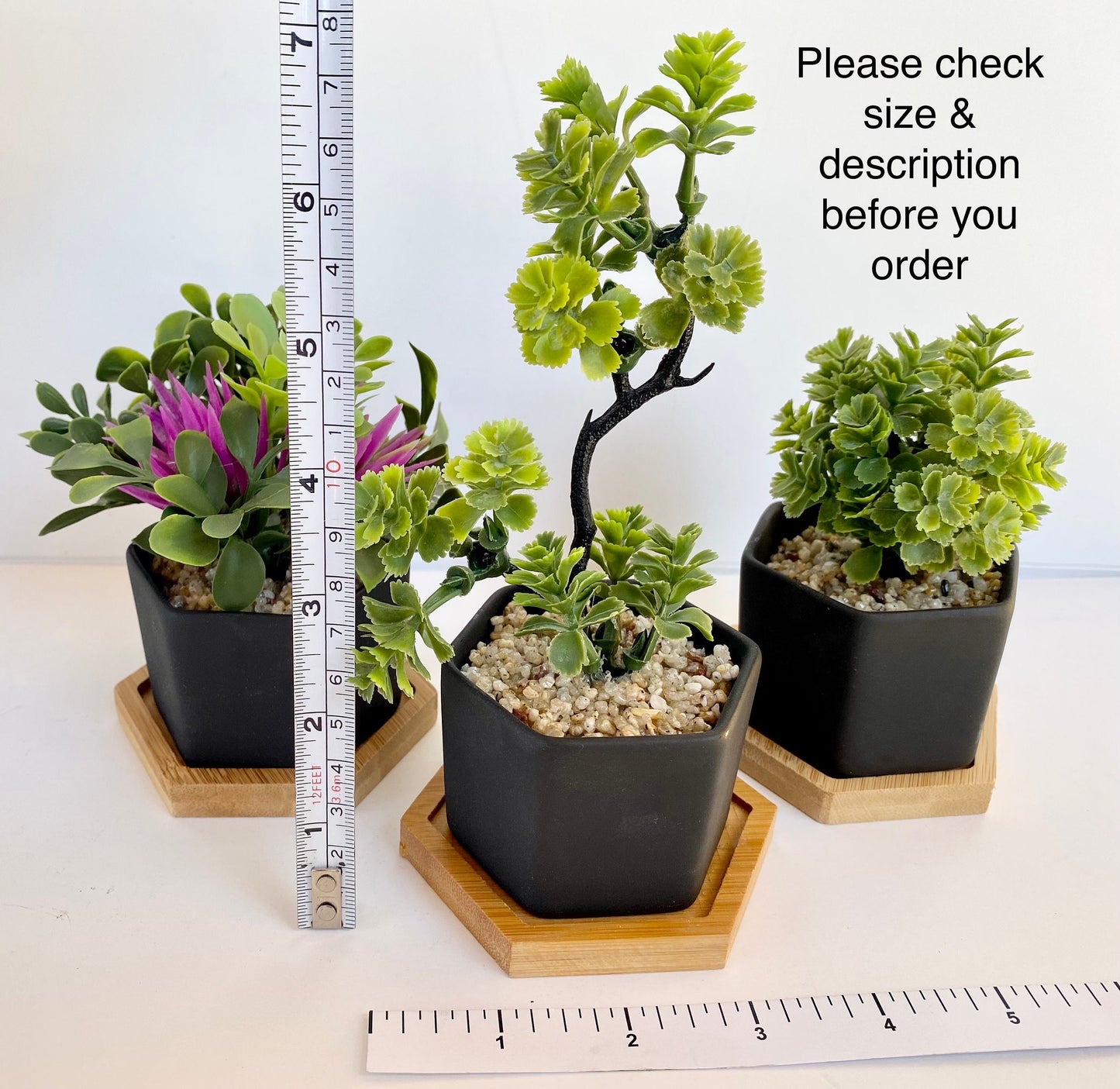 3 x Small Artificial Plant in matt black Hexagon Pot with Bamboo Tray