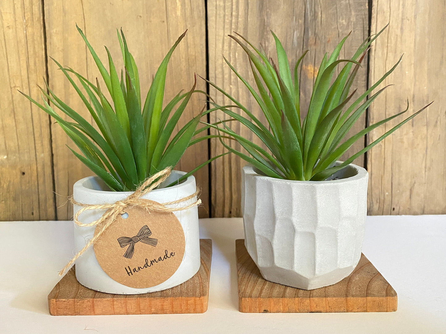 Artificial Succulent Plant in handmade Concrete Pot with Wood Tray
