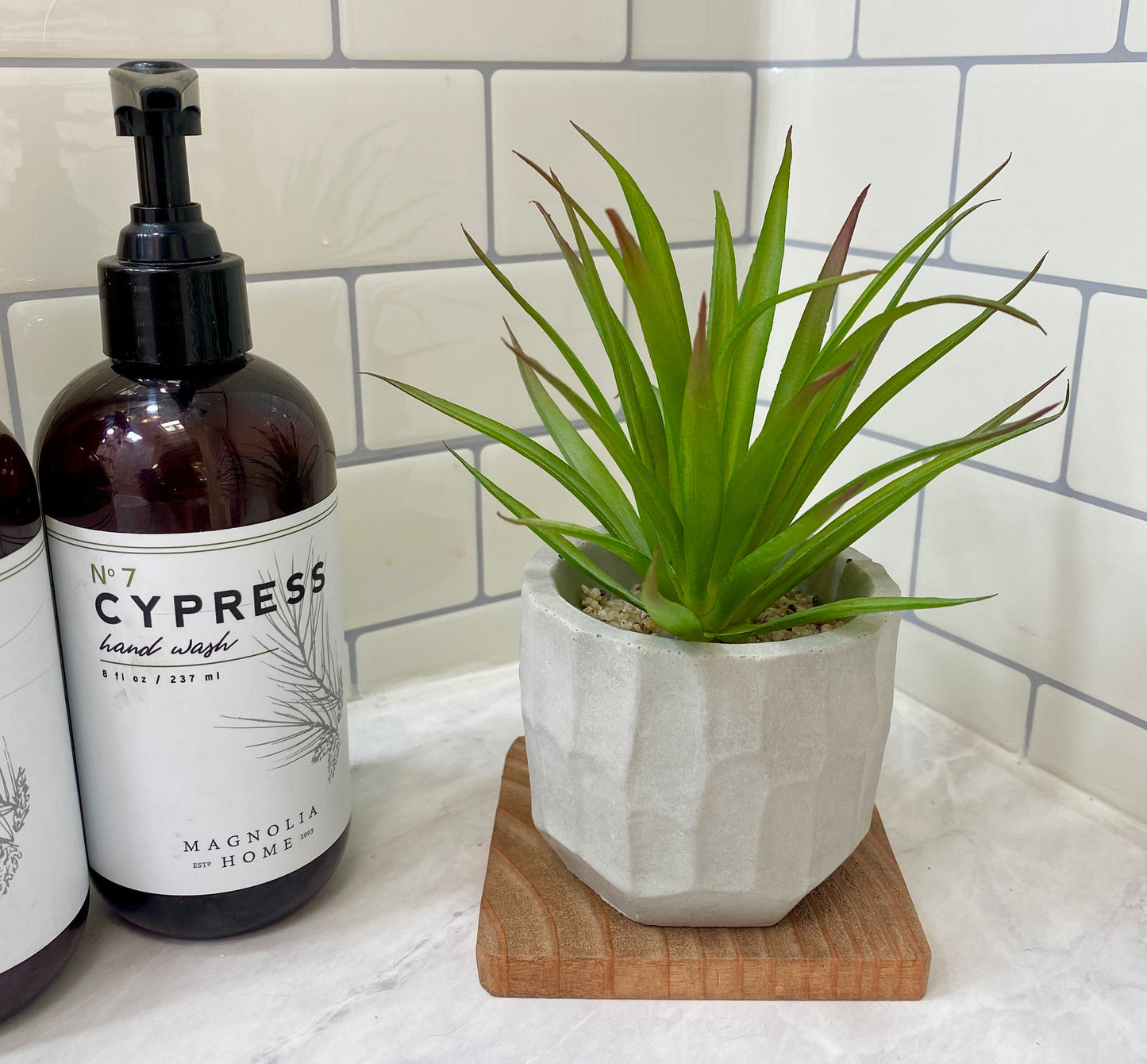 Artificial Succulent Plant in handmade Concrete Pot with Wood Tray