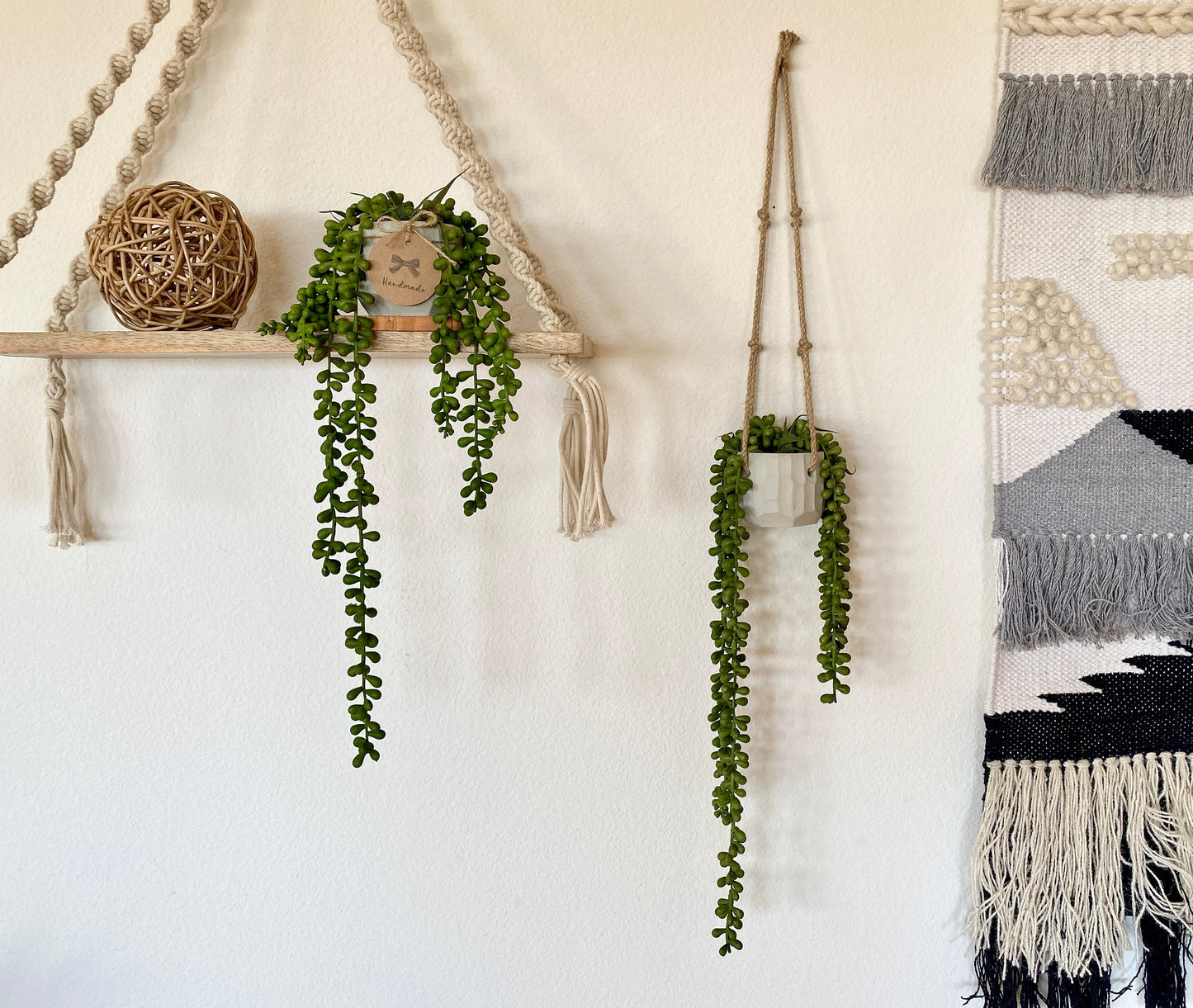 Hanging Faux Burro's Tail in Handmade Concrete Pot