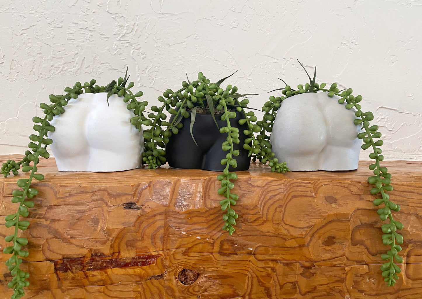 Handmade Cement Butt Pot with Faux Burro's Tail Succulent Plant
