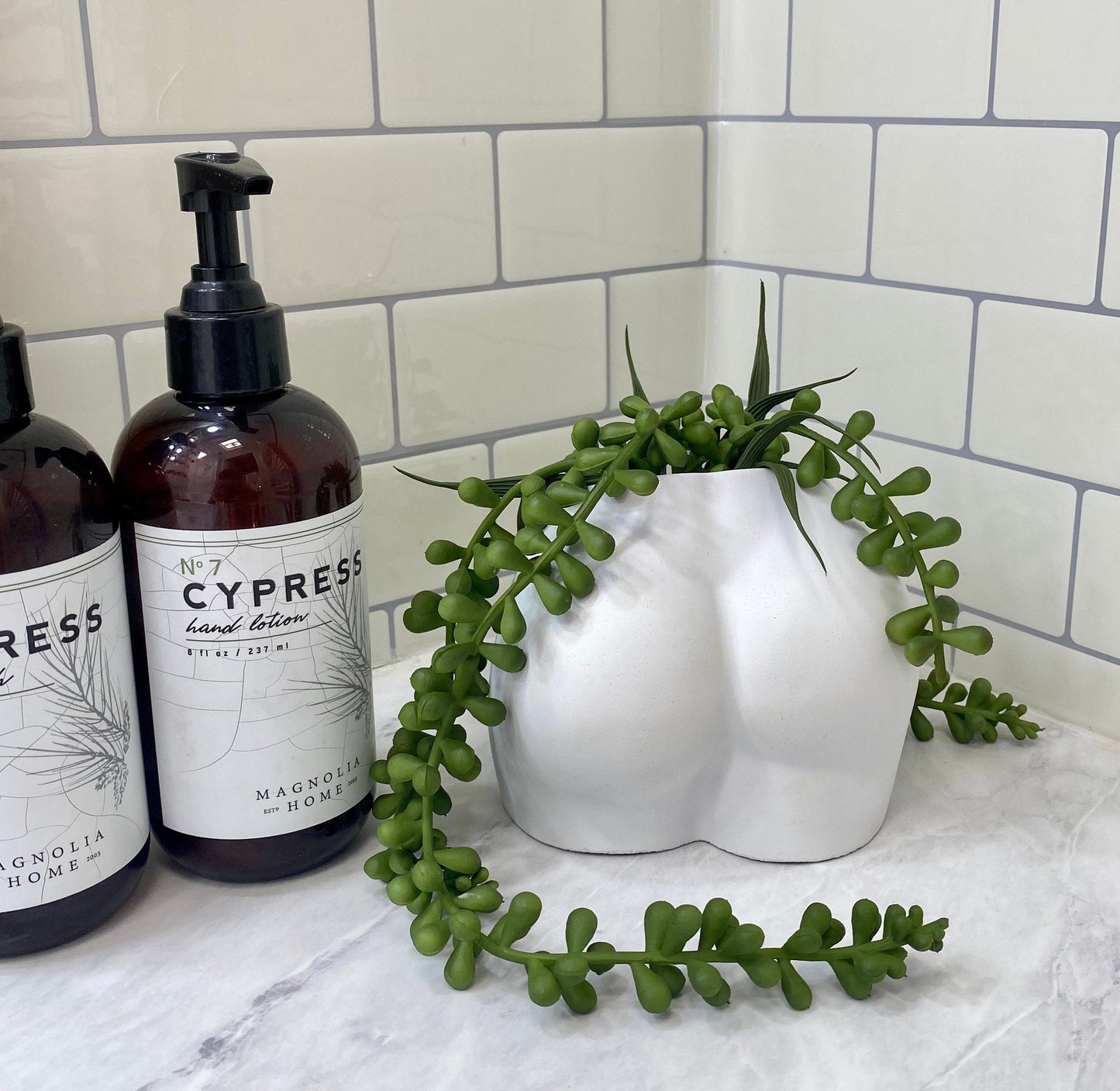 Handmade Cement Butt Pot with Faux Burro's Tail Succulent Plant