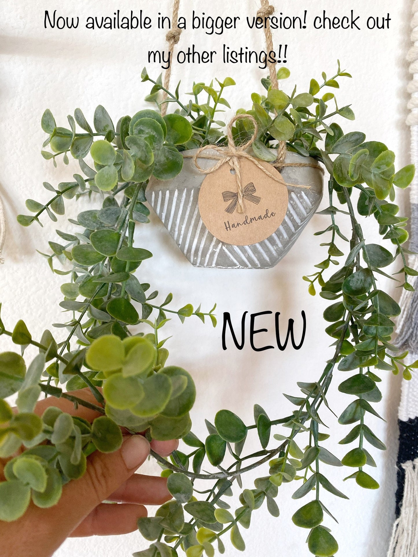 Hanging Faux Eucalyptus Plant in Handmade Concrete Pot