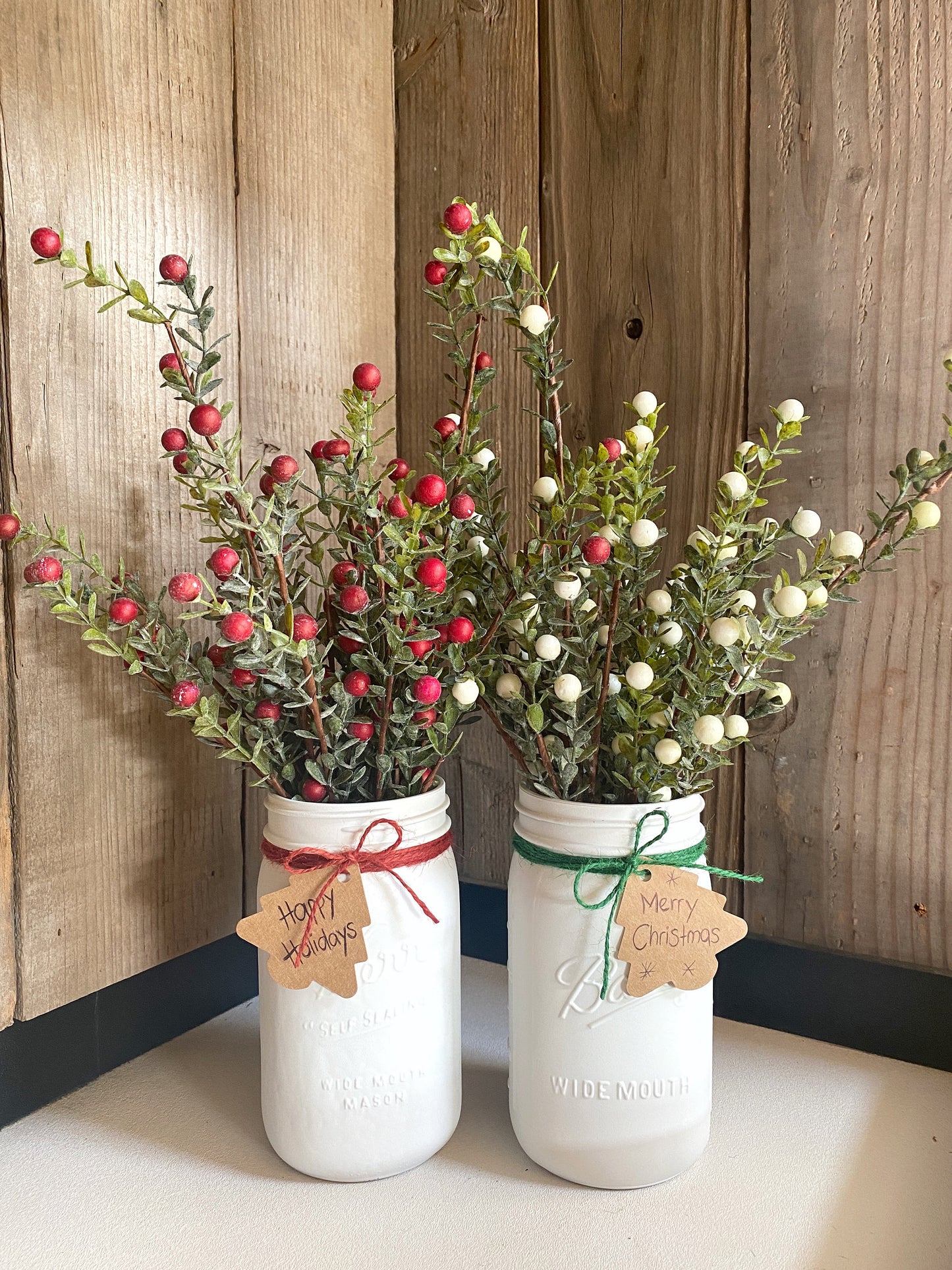Christmas Mason Jar with artificial Berry Stems - Red or White Holly Berry Bush - Rustic, Farmhouse Xmas Greenery