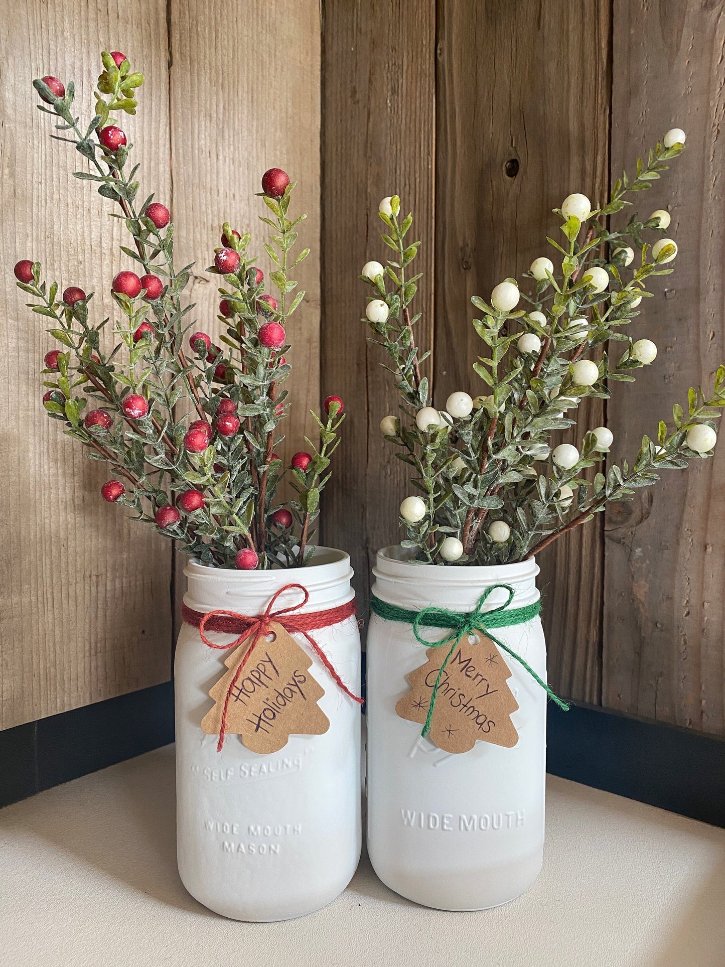 Christmas Mason Jar with artificial Berry Stems - Red or White Holly Berry Bush - Rustic, Farmhouse Xmas Greenery