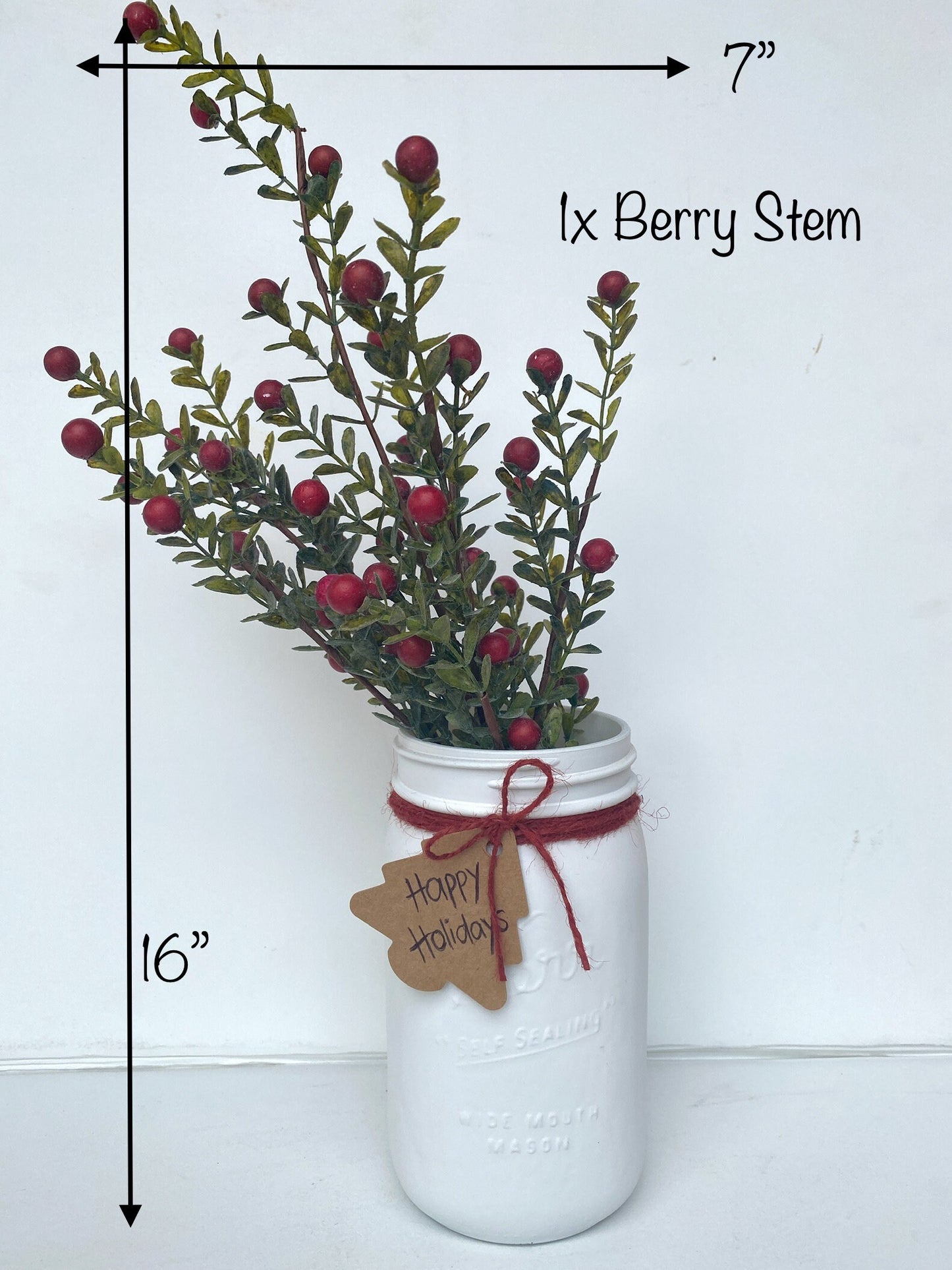 Christmas Mason Jar with artificial Berry Stems - Red or White Holly Berry Bush - Rustic, Farmhouse Xmas Greenery