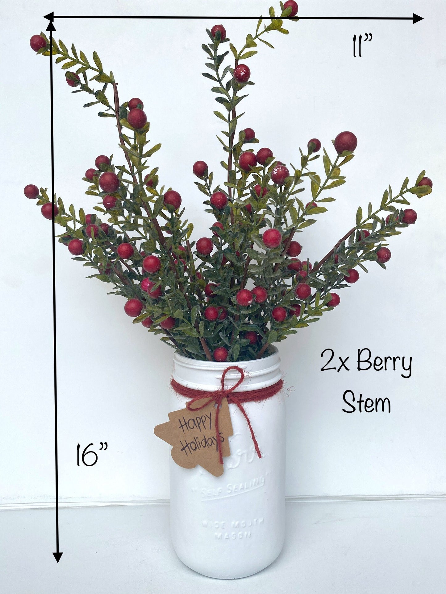 Christmas Mason Jar with artificial Berry Stems - Red or White Holly Berry Bush - Rustic, Farmhouse Xmas Greenery