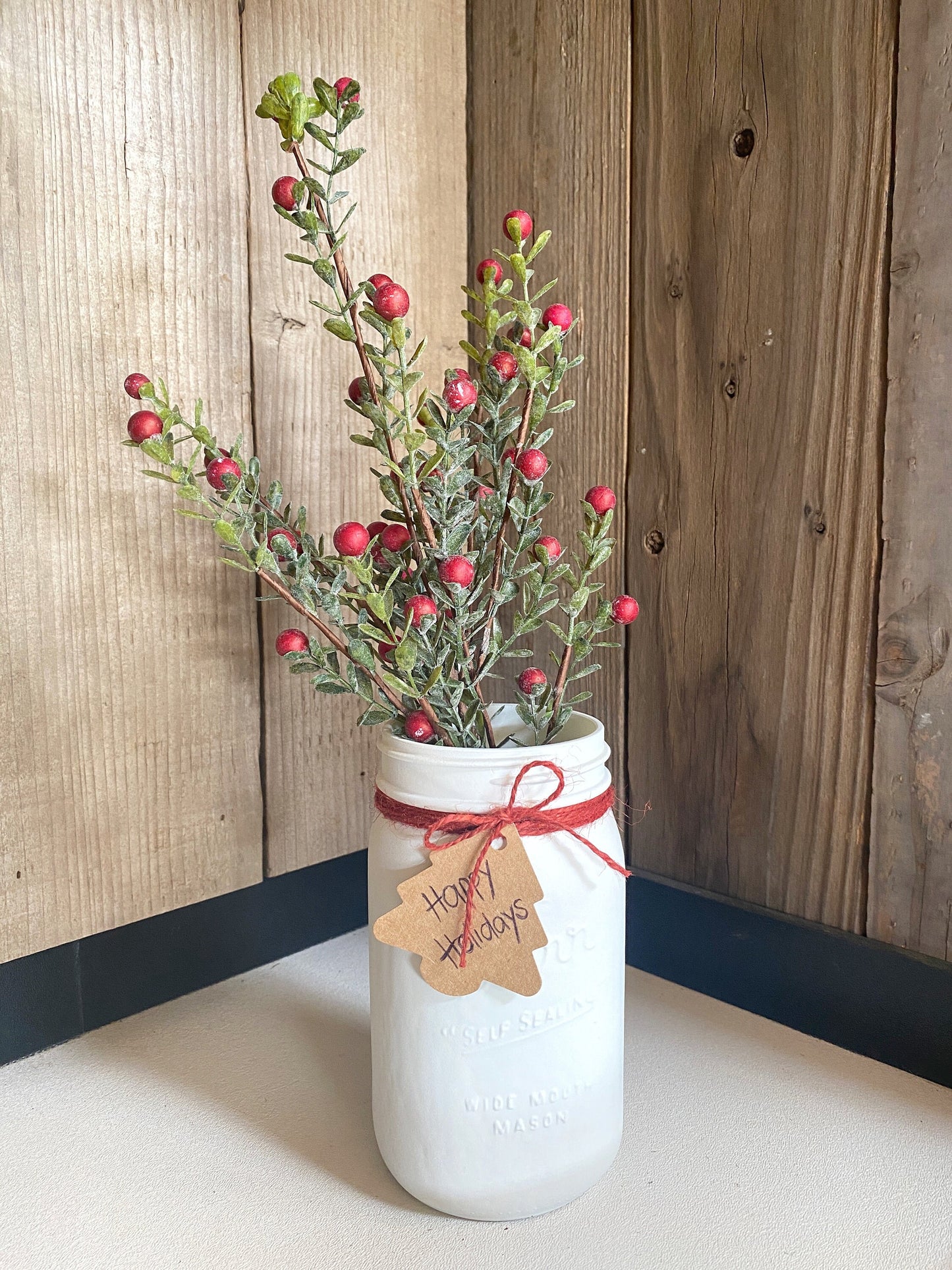 Christmas Mason Jar with artificial Berry Stems - Red or White Holly Berry Bush - Rustic, Farmhouse Xmas Greenery