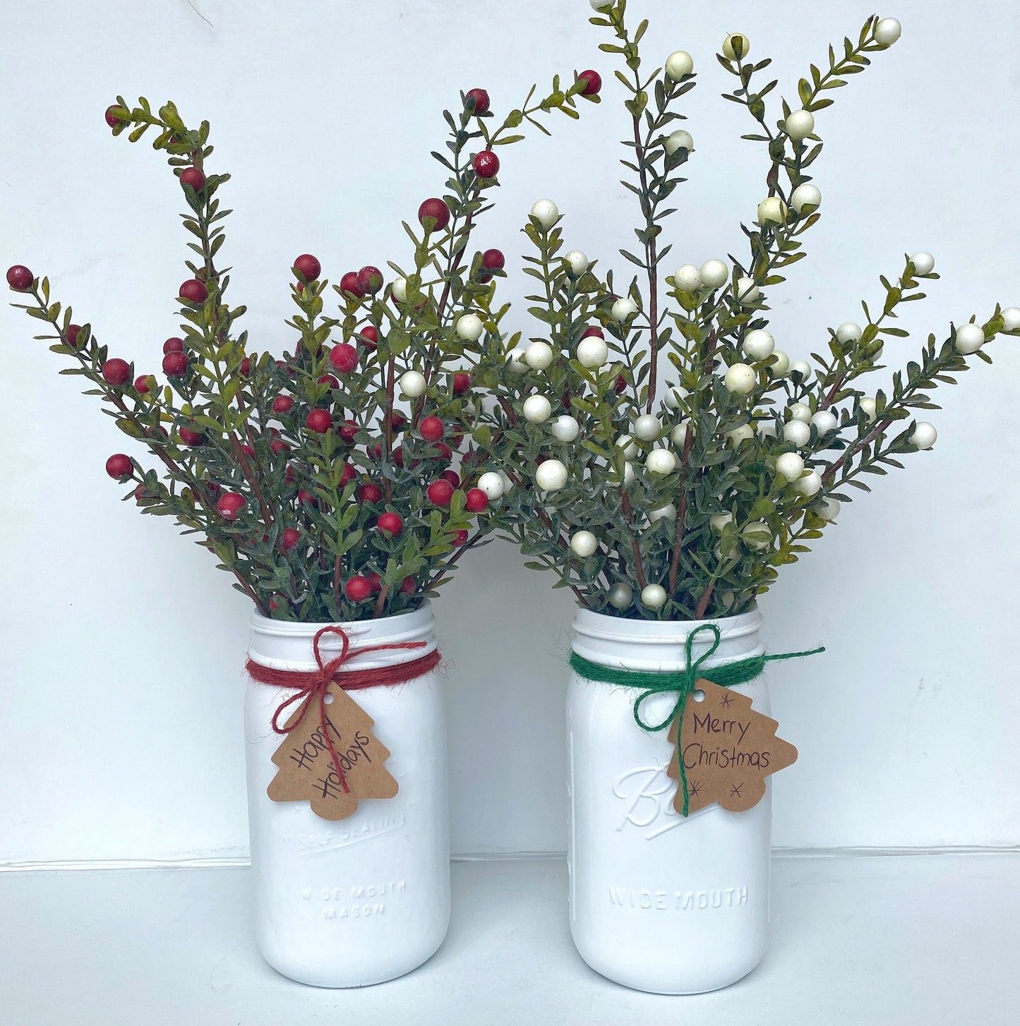 Christmas Mason Jar with artificial Berry Stems - Red or White Holly Berry Bush - Rustic, Farmhouse Xmas Greenery