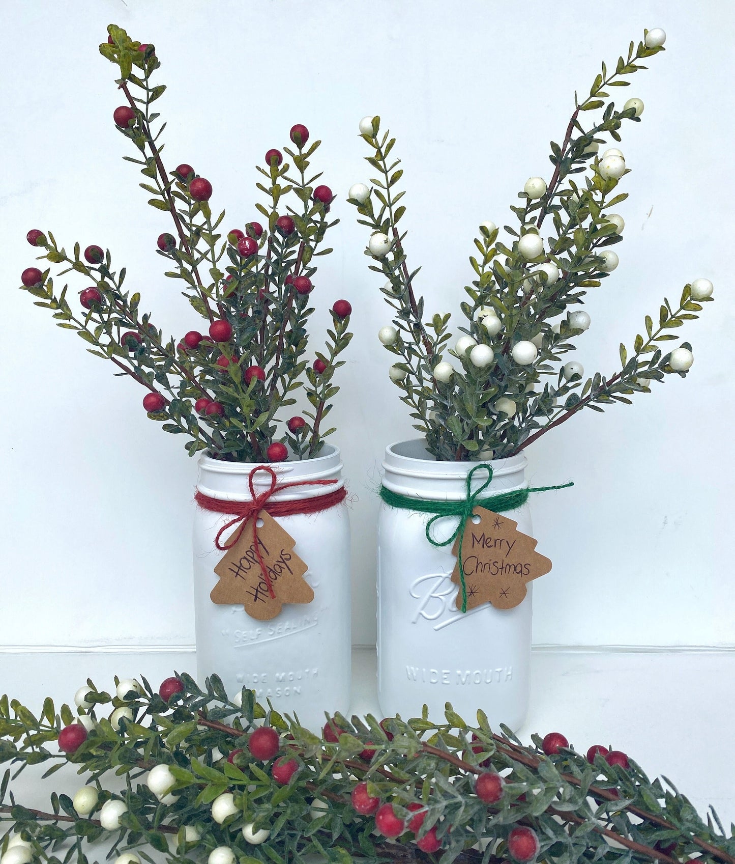 Christmas Mason Jar with artificial Berry Stems - Red or White Holly Berry Bush - Rustic, Farmhouse Xmas Greenery