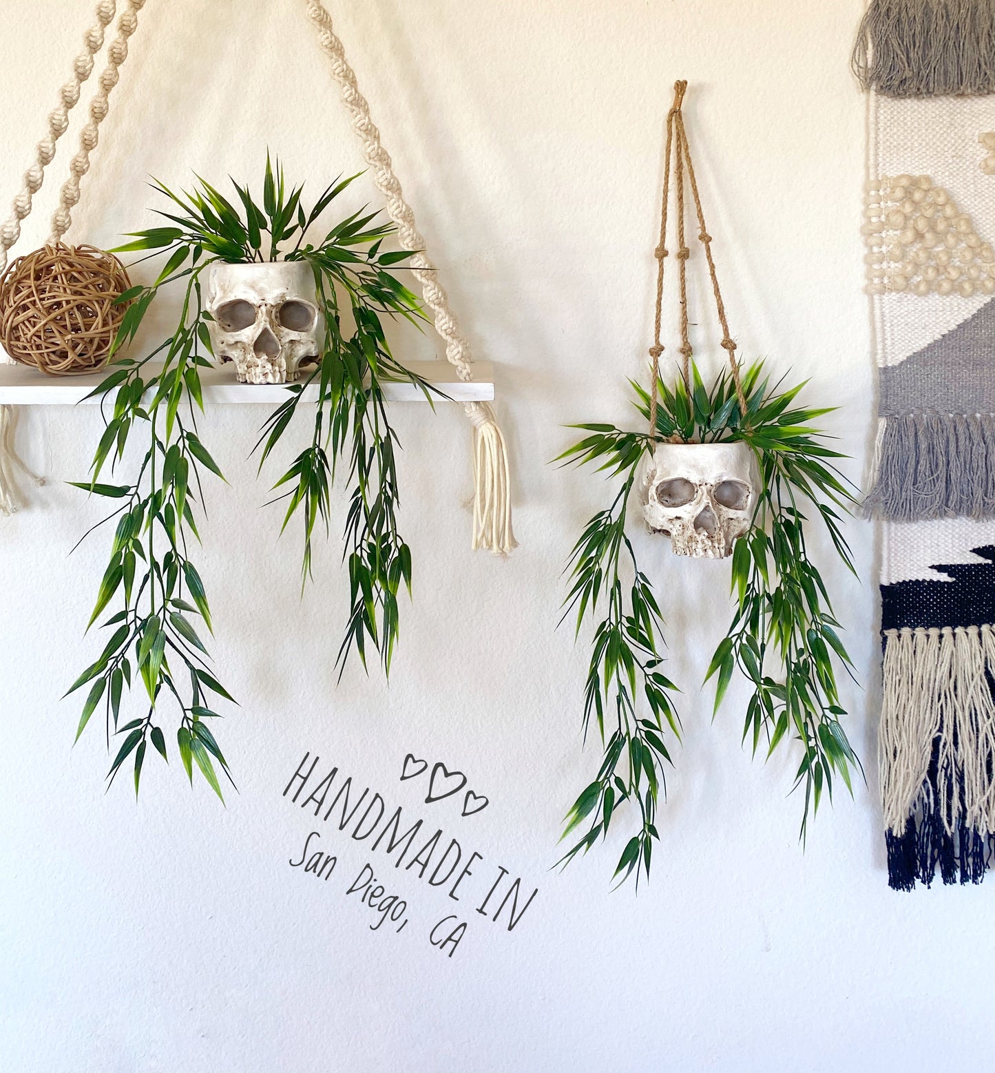 Skull Planter with Hanging Faux Plant - with Jute Twine or as Floating Shelve Decor