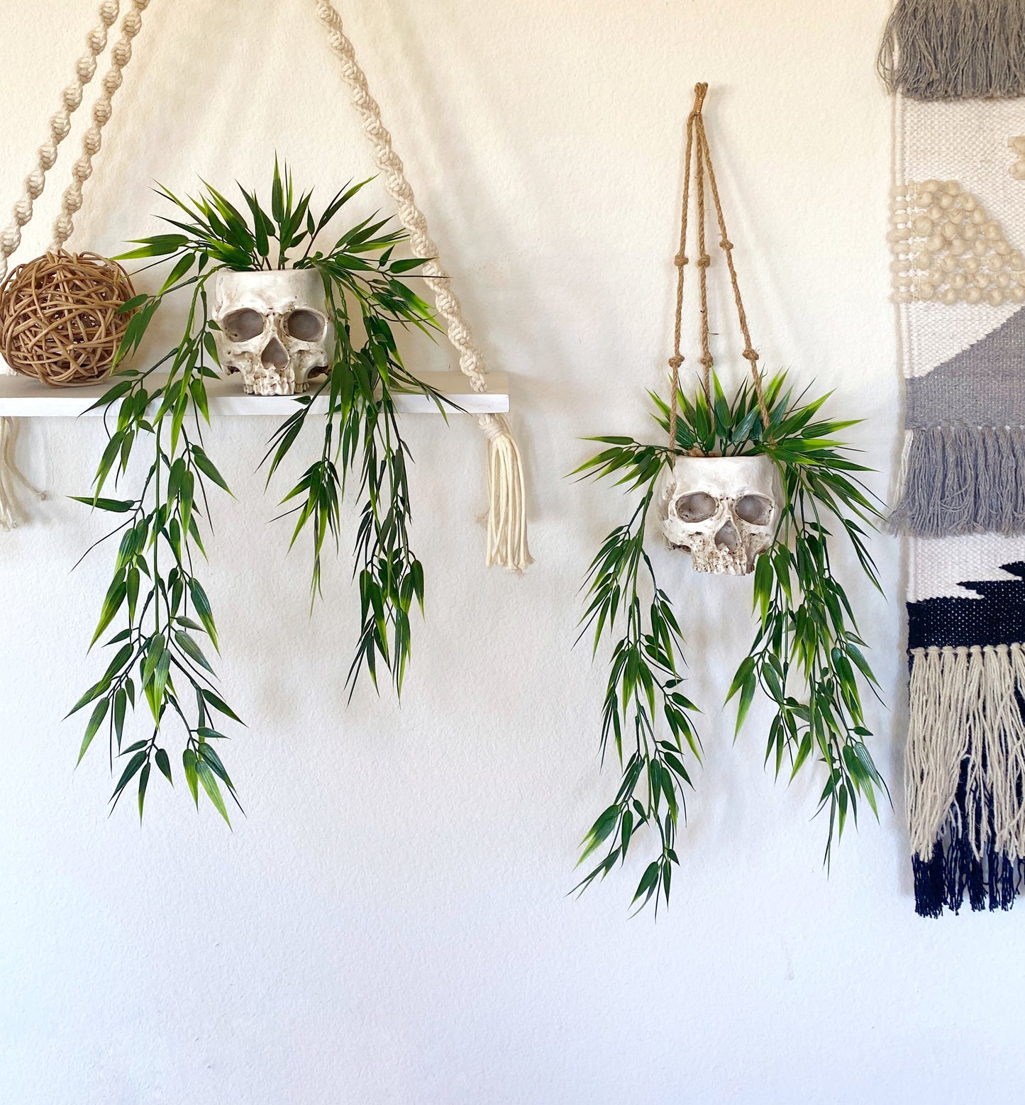 Skull Planter with Hanging Faux Plant - with Jute Twine or as Floating Shelve Decor