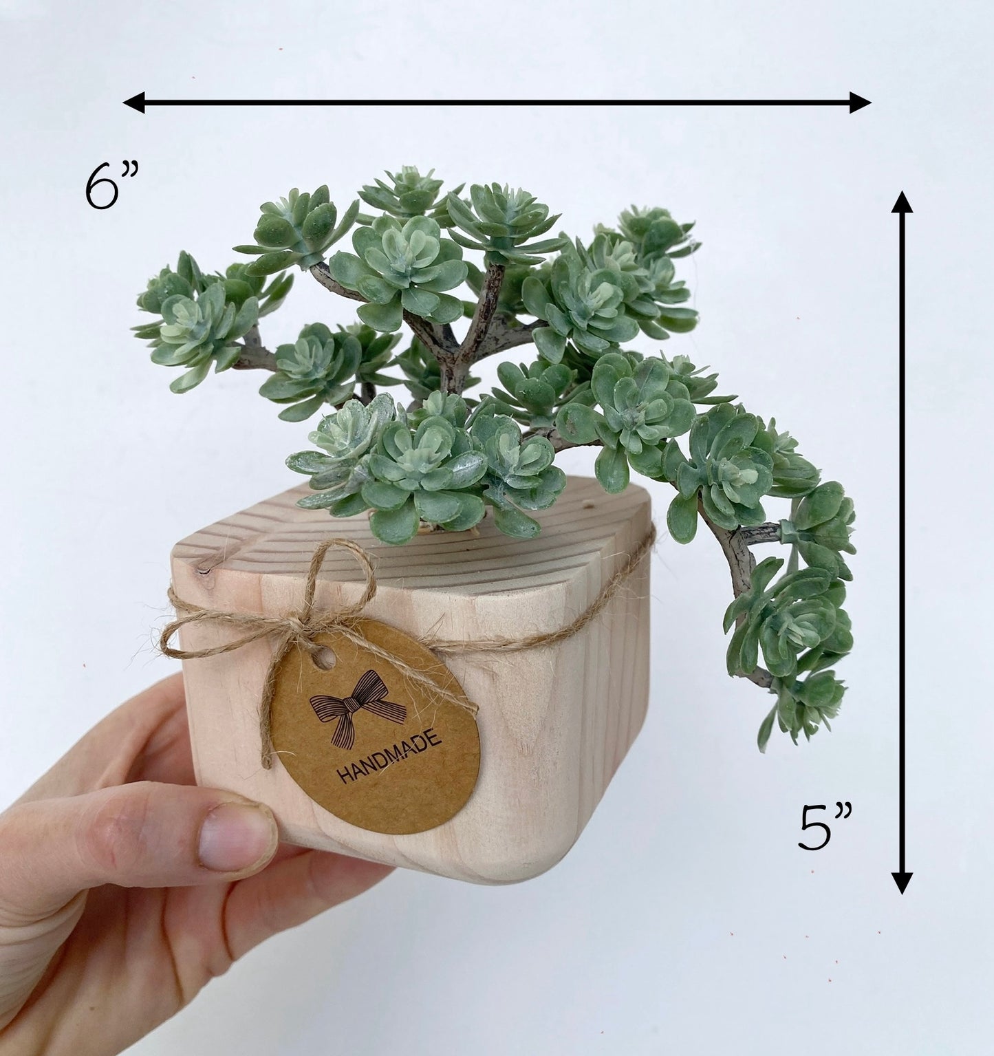 Succulent Plant in handmade Wood Pot - Korean succulent plant artificial - faux succulents - sedum spray