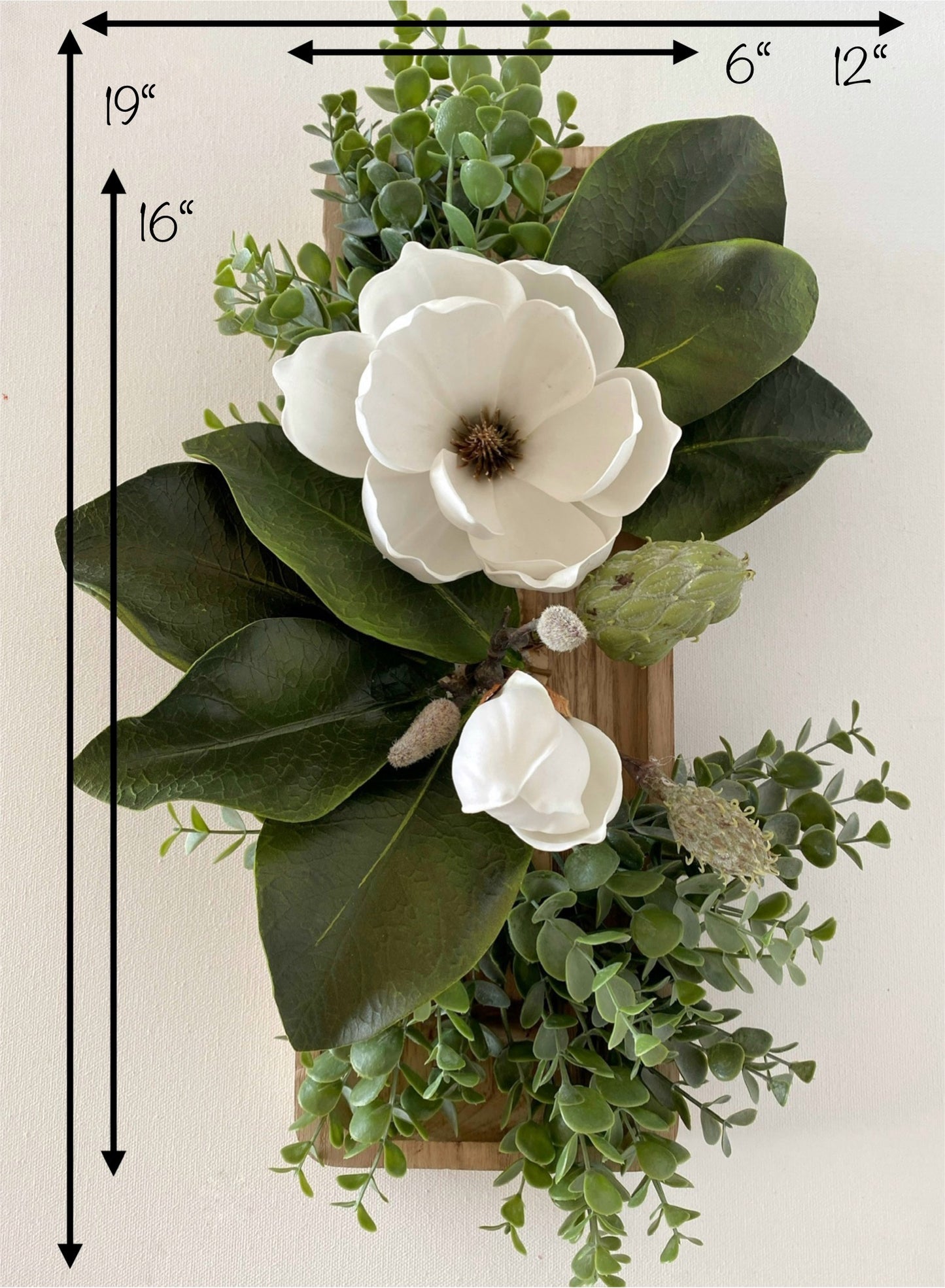 Table Centerpiece Wood and Magnolia Flowers - Real Touch Magnolia and Eucalyptus Arrangement in Dough Bowl - High Quality Faux Home Decor