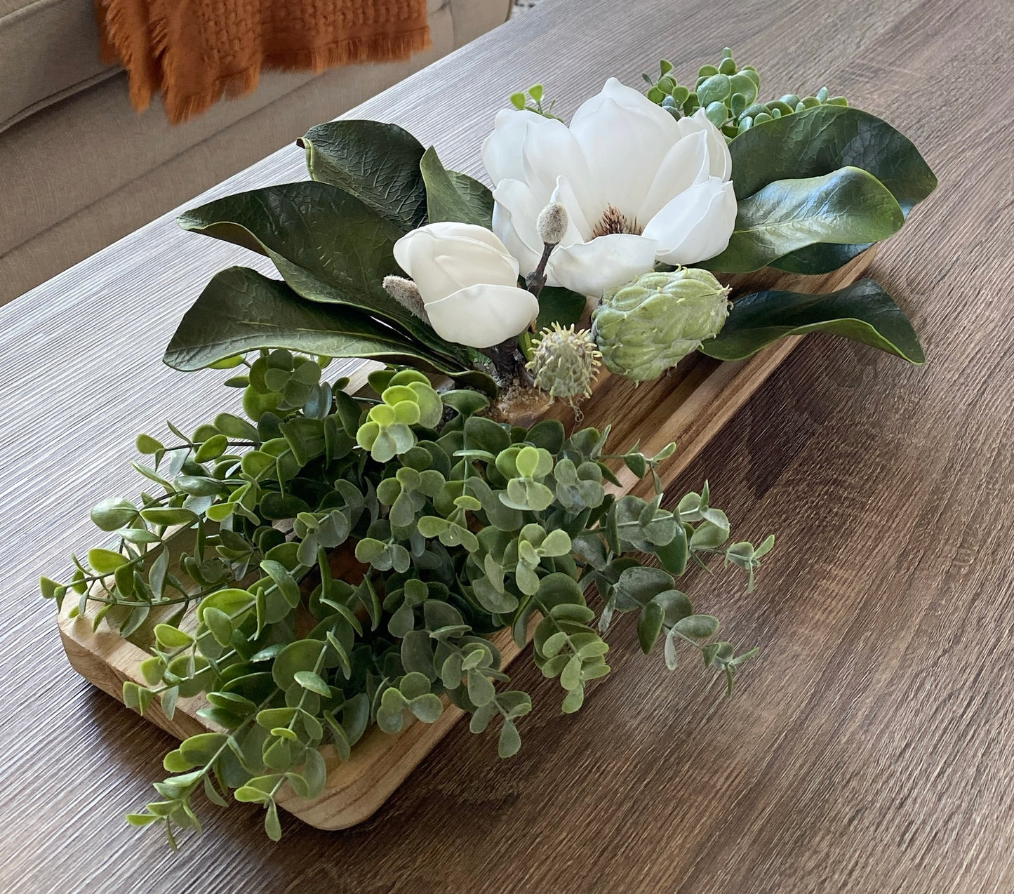 Table Centerpiece Wood and Magnolia Flowers - Real Touch Magnolia and Eucalyptus Arrangement in Dough Bowl - High Quality Faux Home Decor