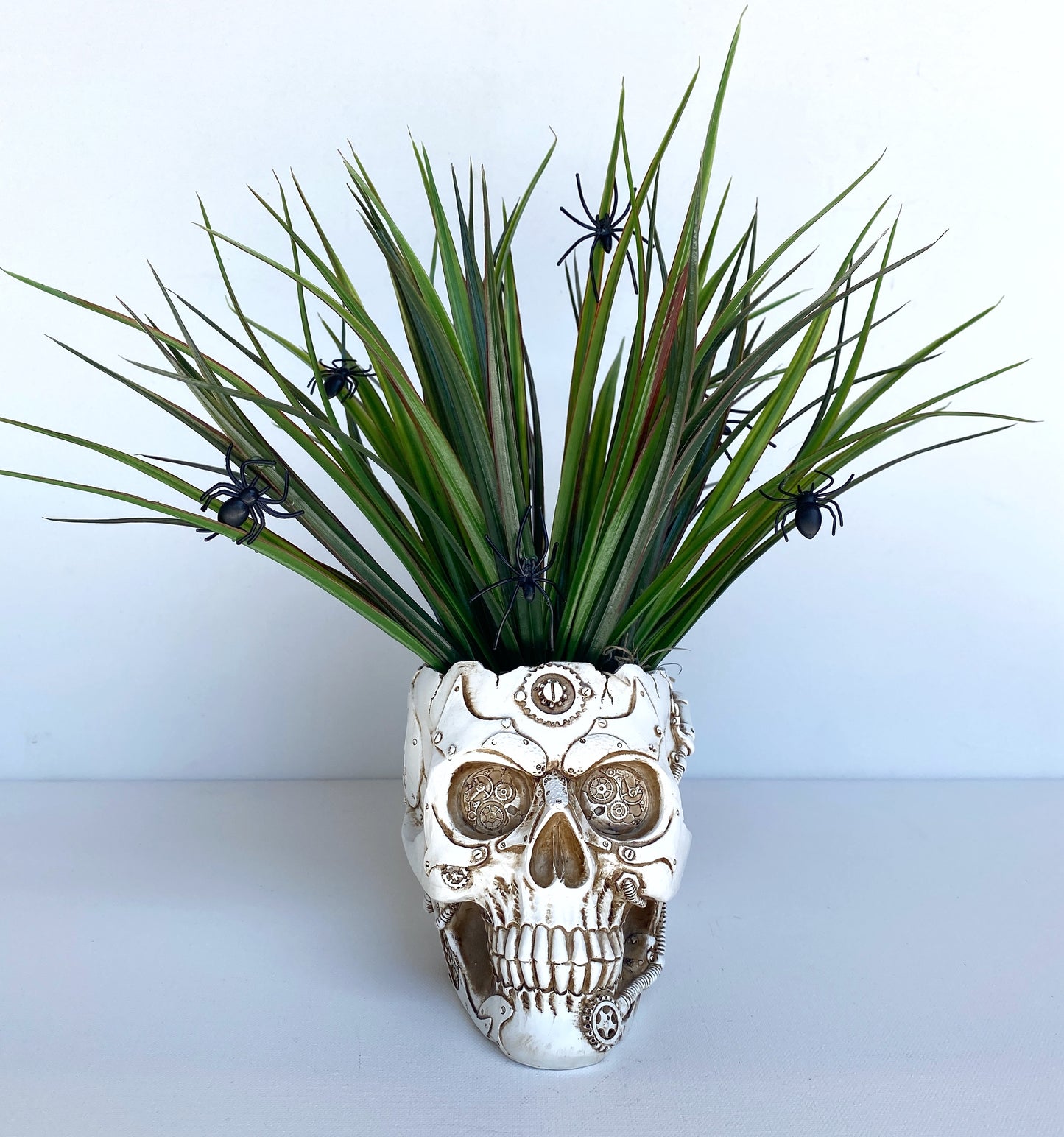 Skull Halloween Decor Plant with Spiders, Skeleton Planter with Faux Plant