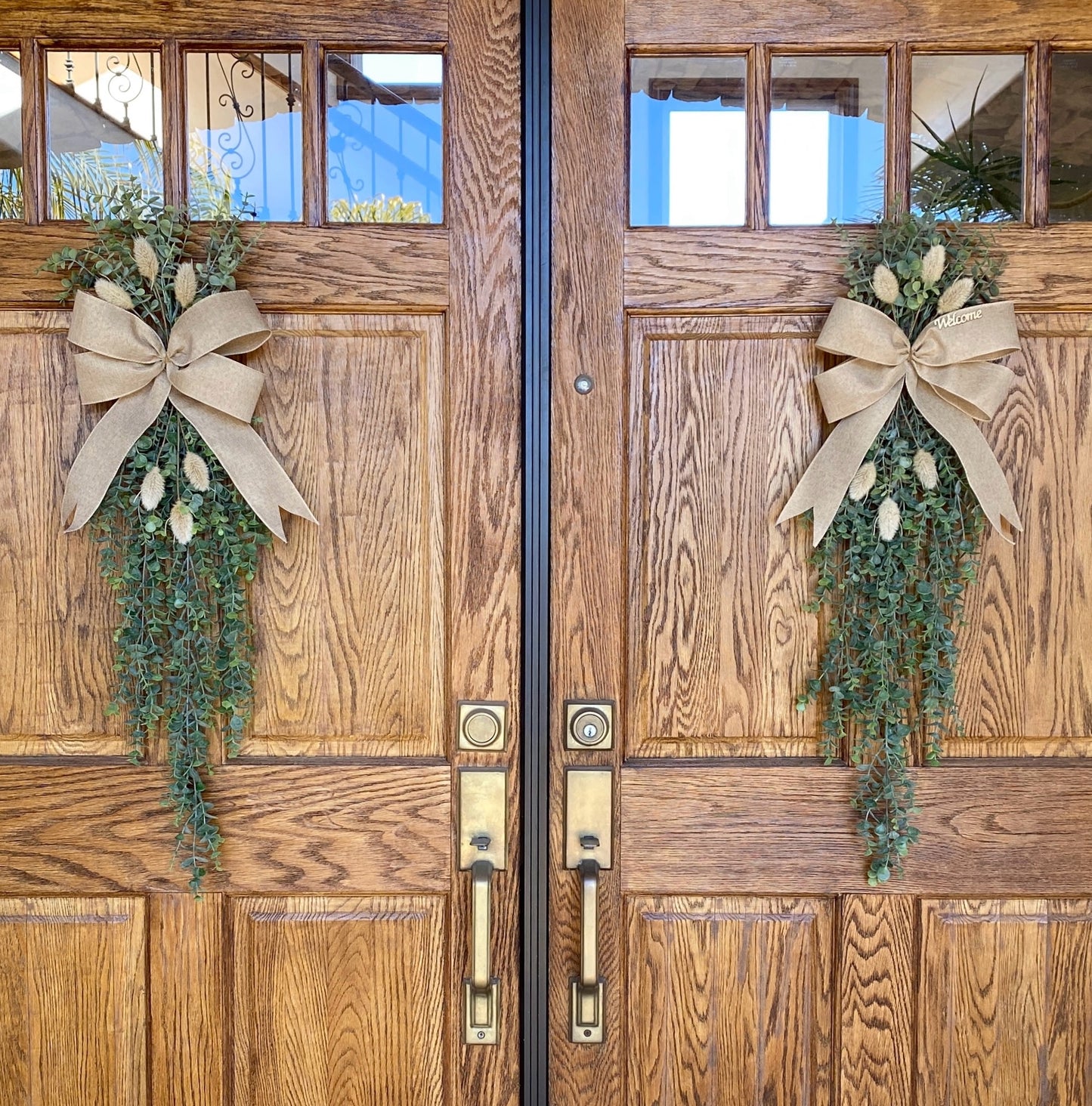 Eucalyptus Door Swag with Bunny Tails - FAUX Front Door or Wall Swag for all Seasons - Double Door Wreath, Window Swag, Door Hanger