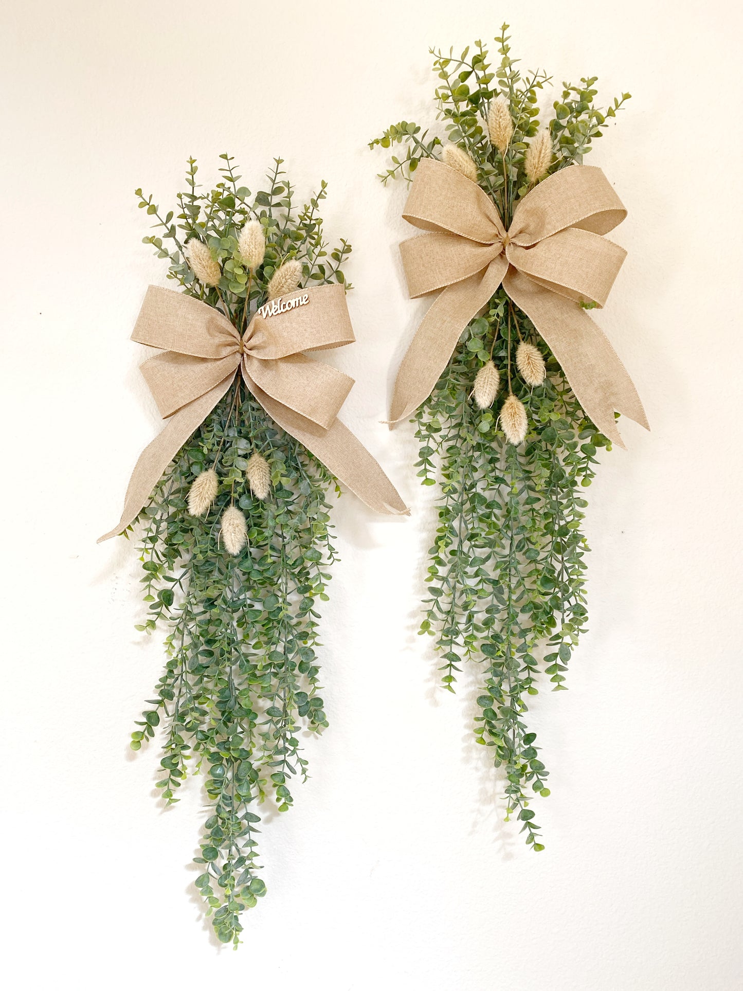 Eucalyptus Door Swag with Bunny Tails - FAUX Front Door or Wall Swag for all Seasons - Double Door Wreath, Window Swag, Door Hanger