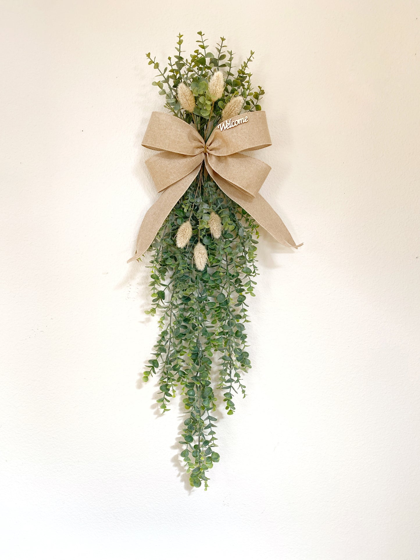 Eucalyptus Door Swag with Bunny Tails - FAUX Front Door or Wall Swag for all Seasons - Double Door Wreath, Window Swag, Door Hanger