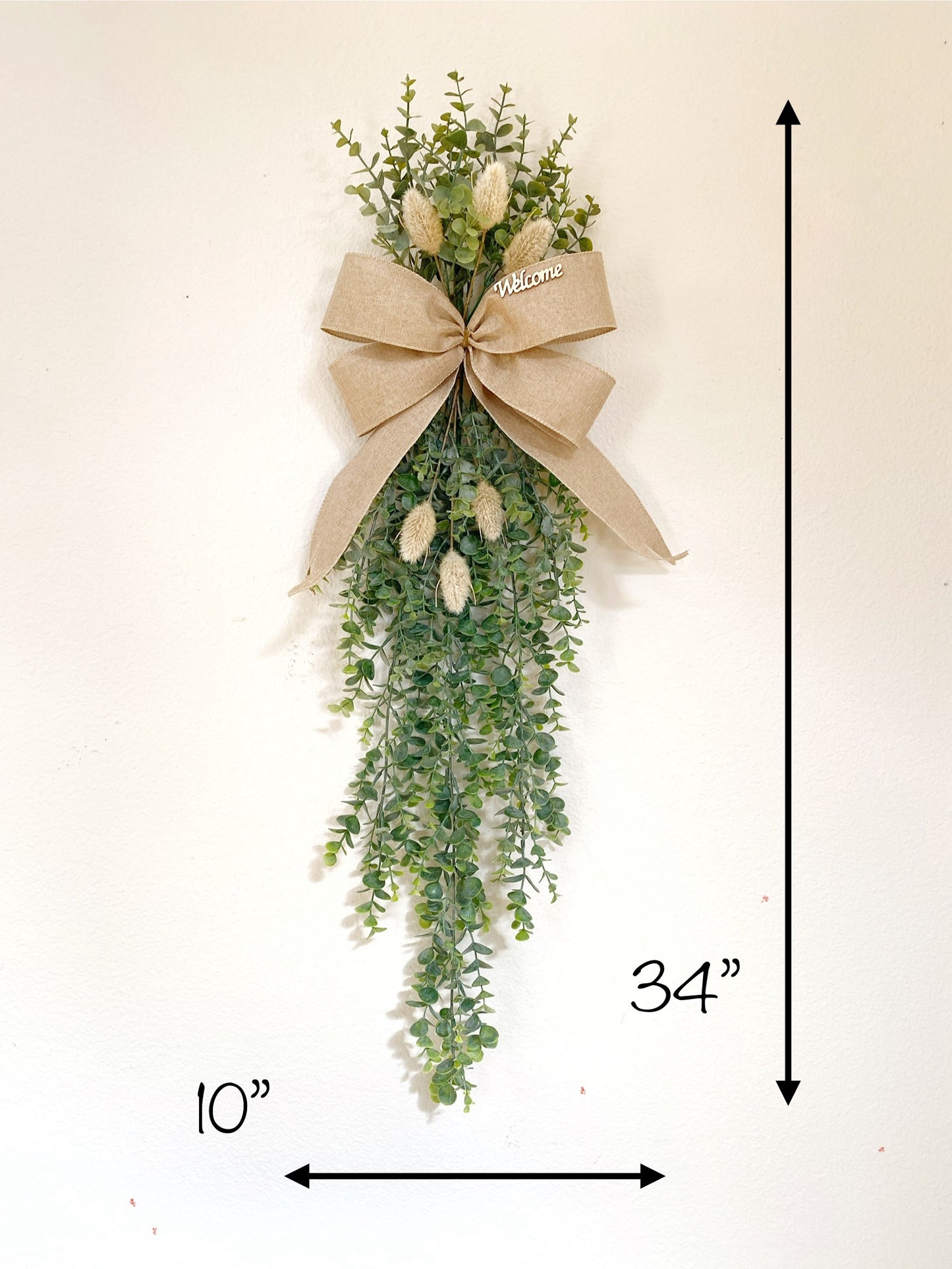 Eucalyptus Door Swag with Bunny Tails - FAUX Front Door or Wall Swag for all Seasons - Double Door Wreath, Window Swag, Door Hanger