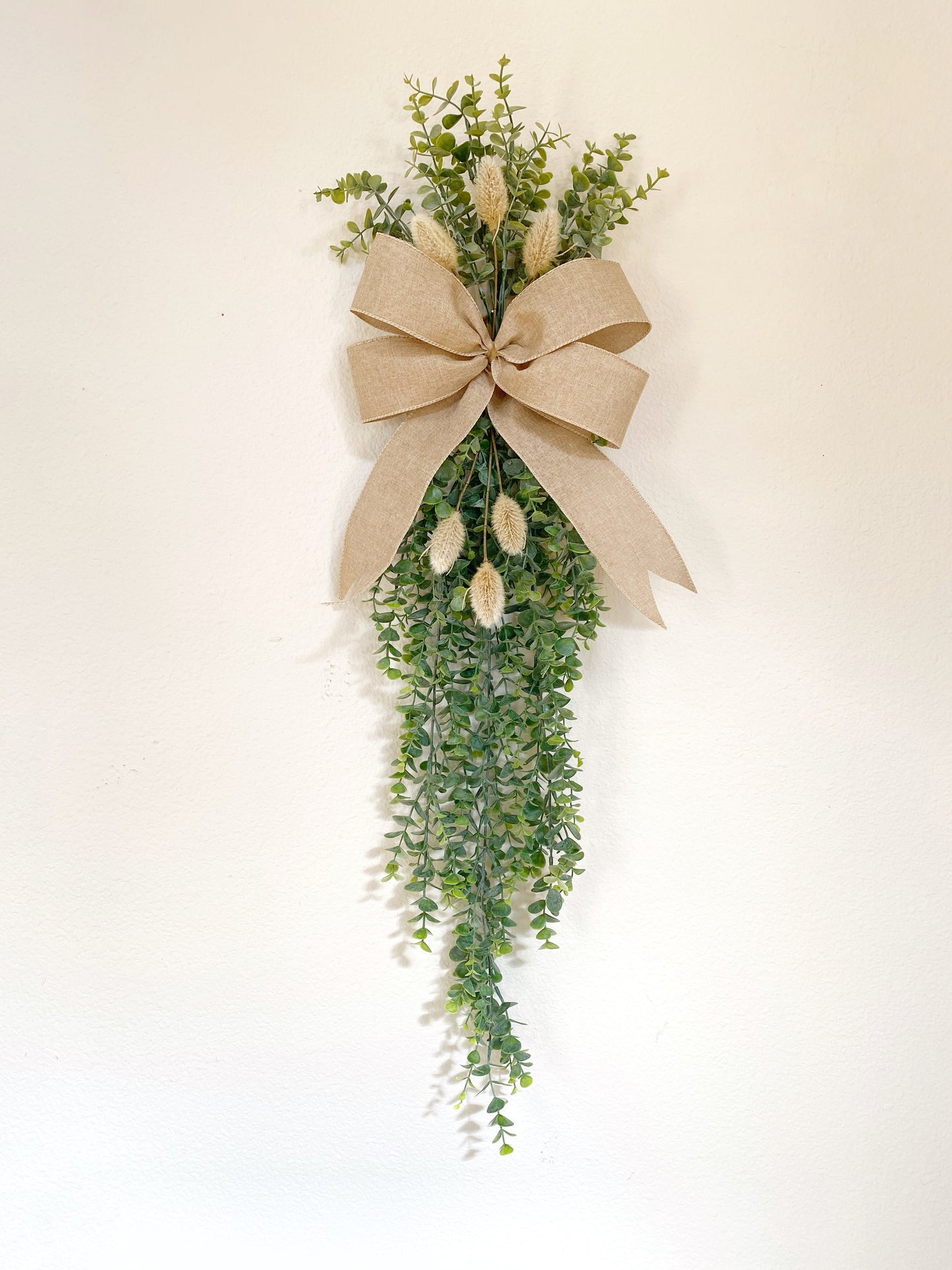 Eucalyptus Door Swag with Bunny Tails - FAUX Front Door or Wall Swag for all Seasons - Double Door Wreath, Window Swag, Door Hanger