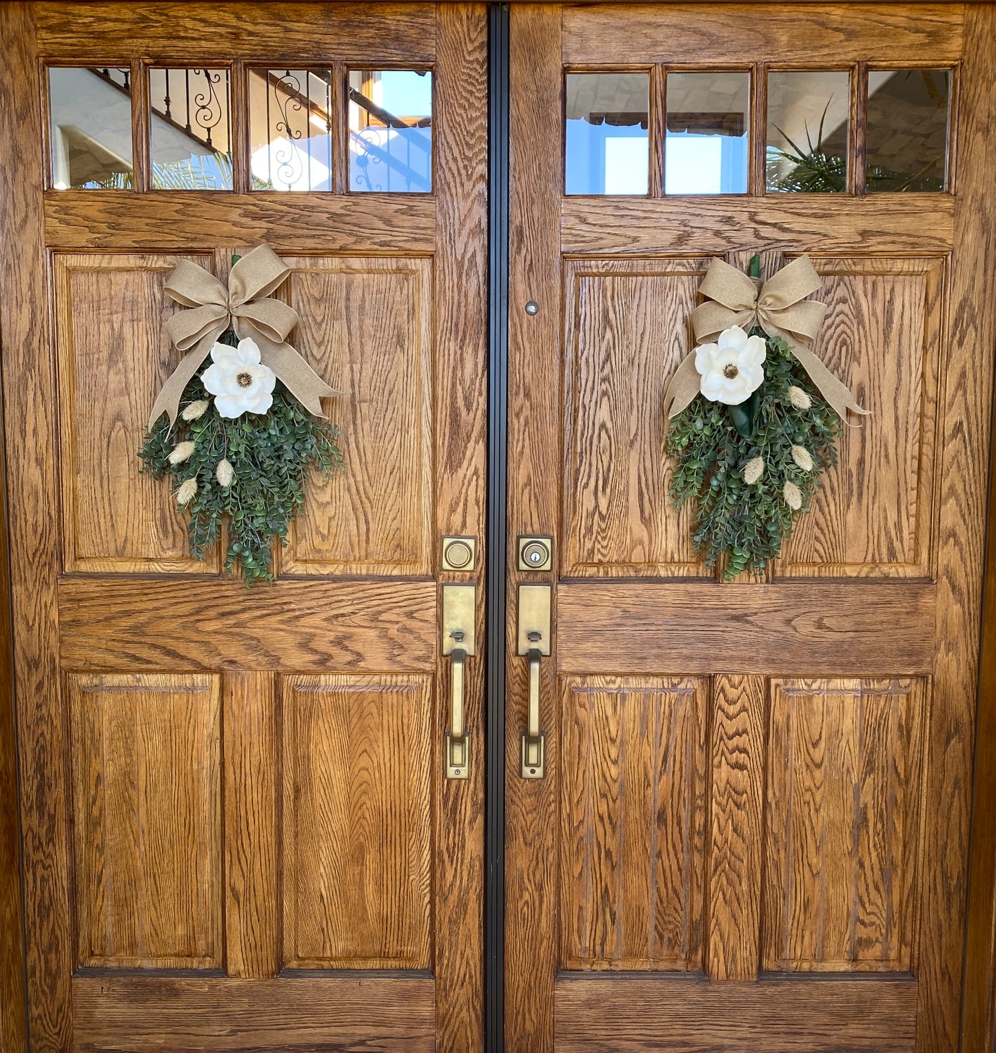 Eucalyptus & Magnolia Door Swag with Cream Burlap Bow -  High Quality Artificial Door Swag - All Year Door Decor - Double Door Swag / Wreath (Copy)