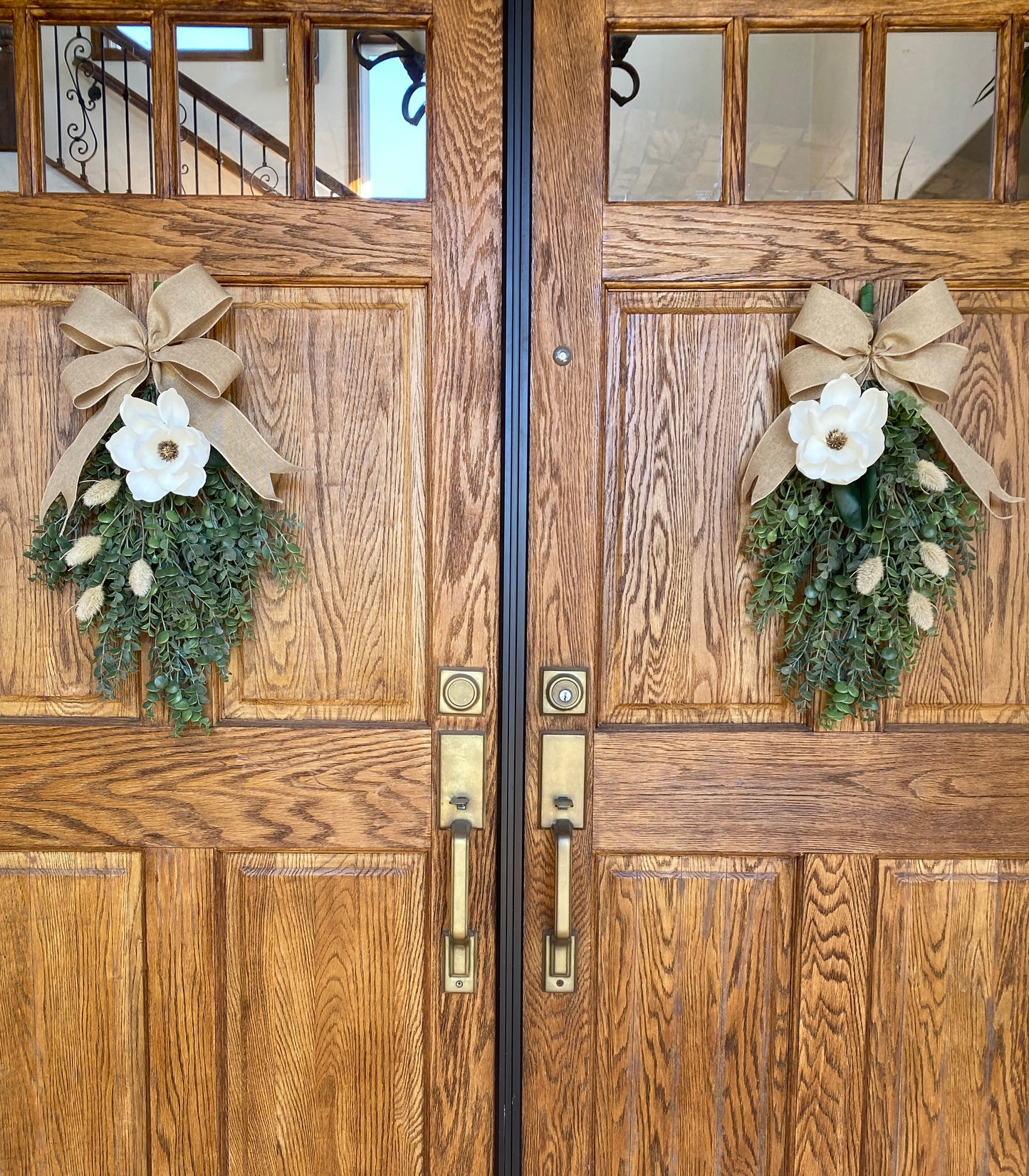 Eucalyptus & Magnolia Door Swag with Cream Burlap Bow -  High Quality Artificial Door Swag - All Year Door Decor - Double Door Swag / Wreath (Copy)