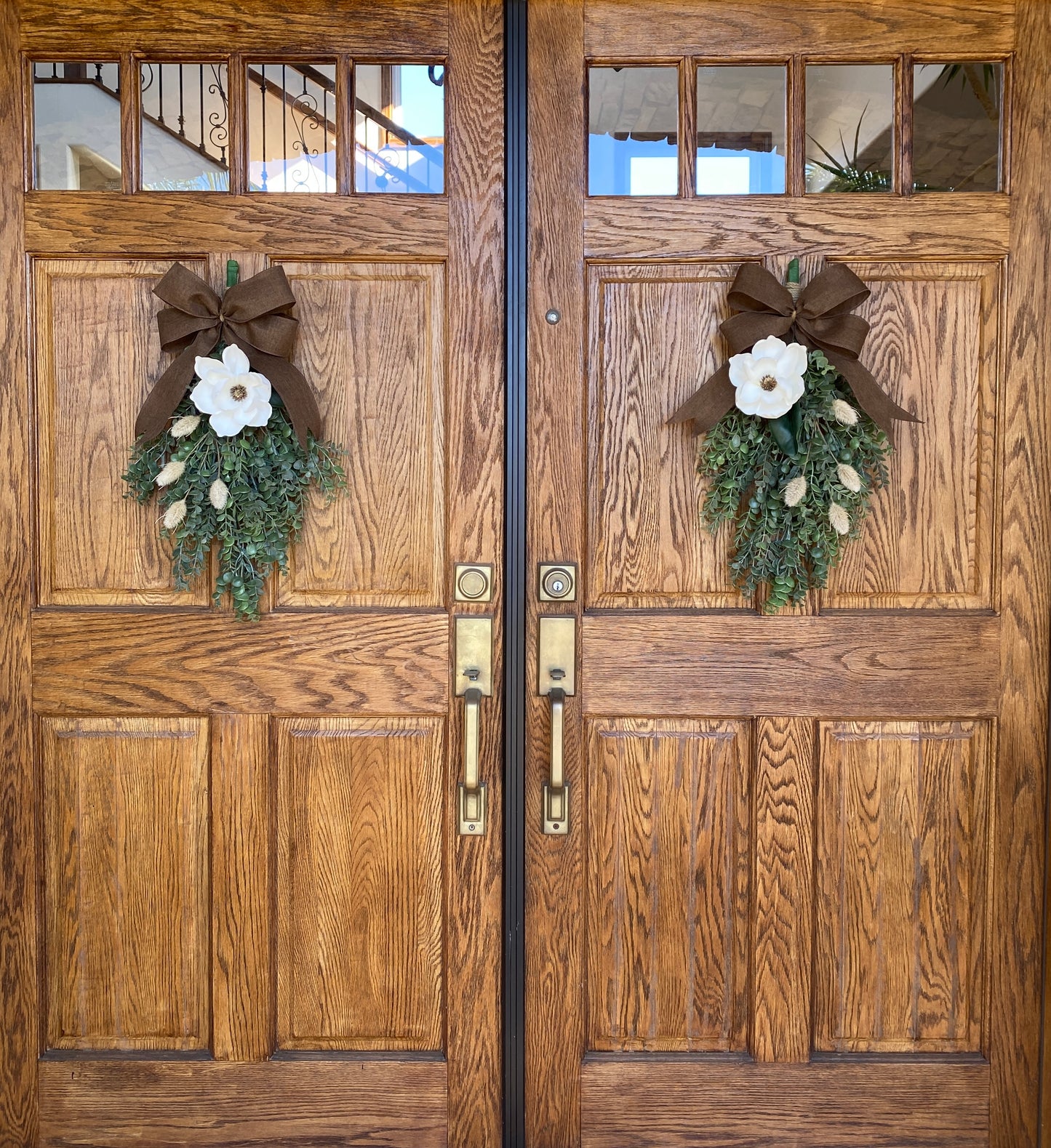 Eucalyptus & Magnolia Door Swag with Brown Burlap Bow -  High Quality Artificial Door Swag - All Year Door Decor - Double Door Swag / Wreath