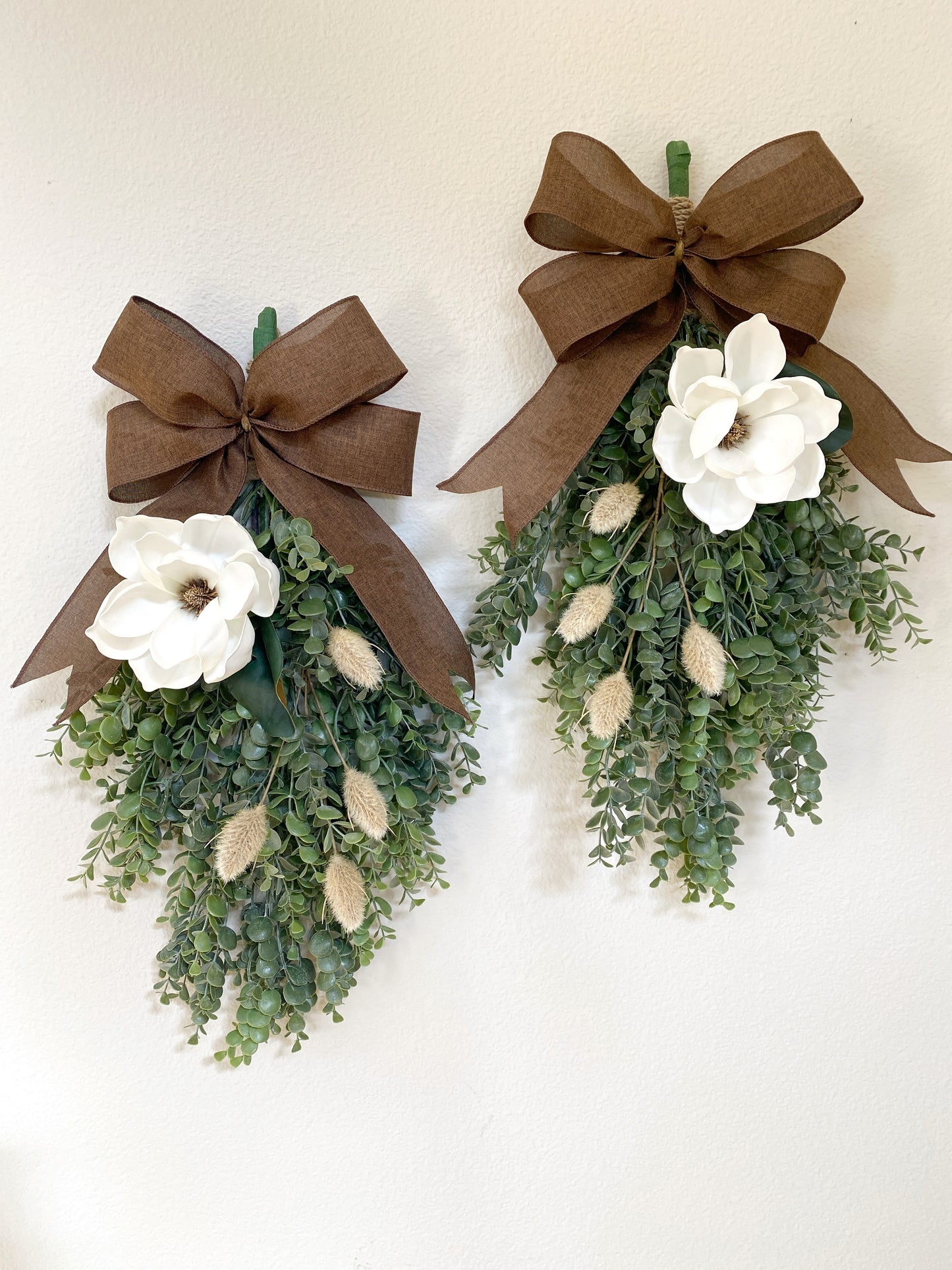 Eucalyptus & Magnolia Door Swag with Brown Burlap Bow -  High Quality Artificial Door Swag - All Year Door Decor - Double Door Swag / Wreath