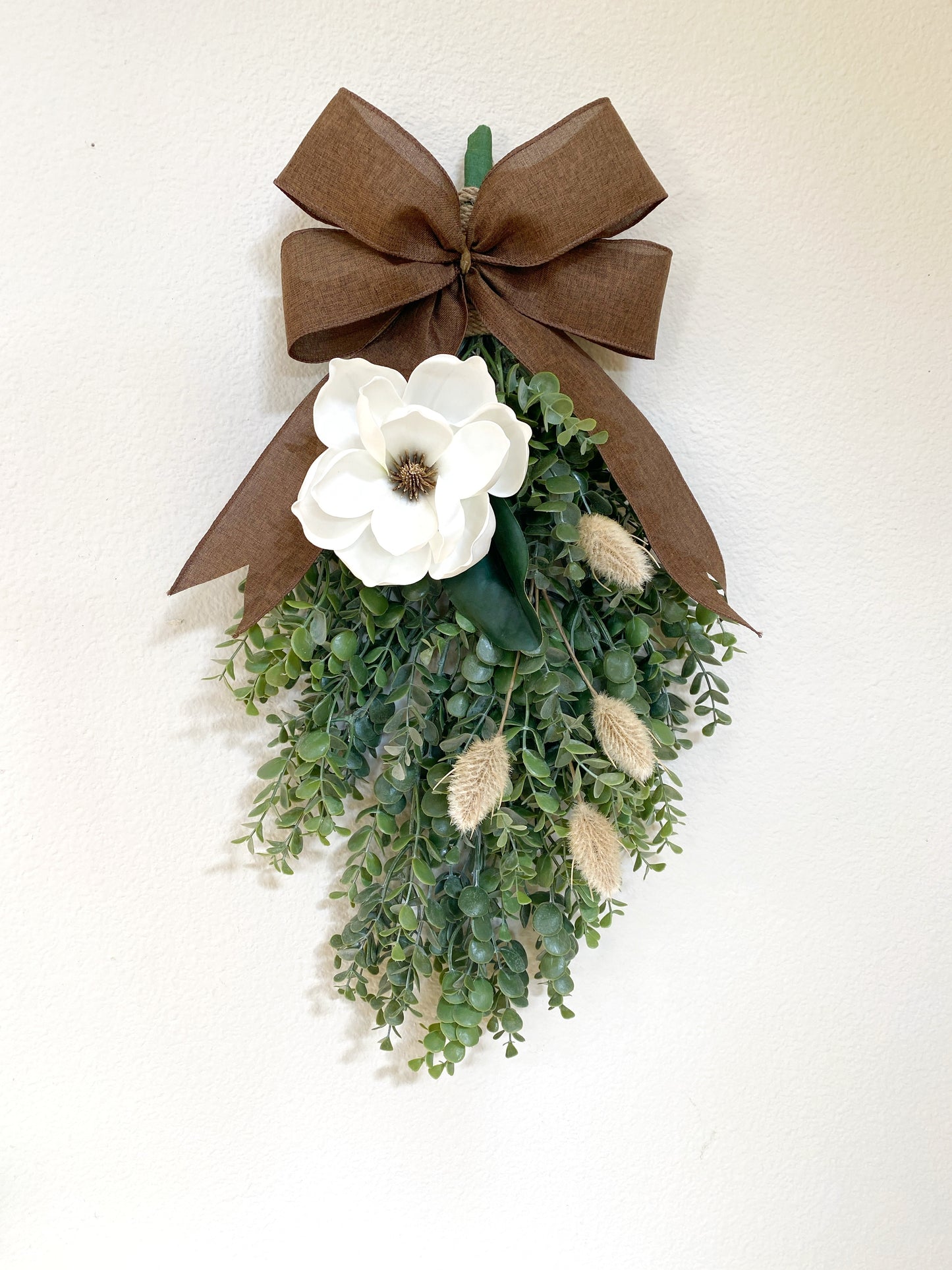 Eucalyptus & Magnolia Door Swag with Brown Burlap Bow -  High Quality Artificial Door Swag - All Year Door Decor - Double Door Swag / Wreath