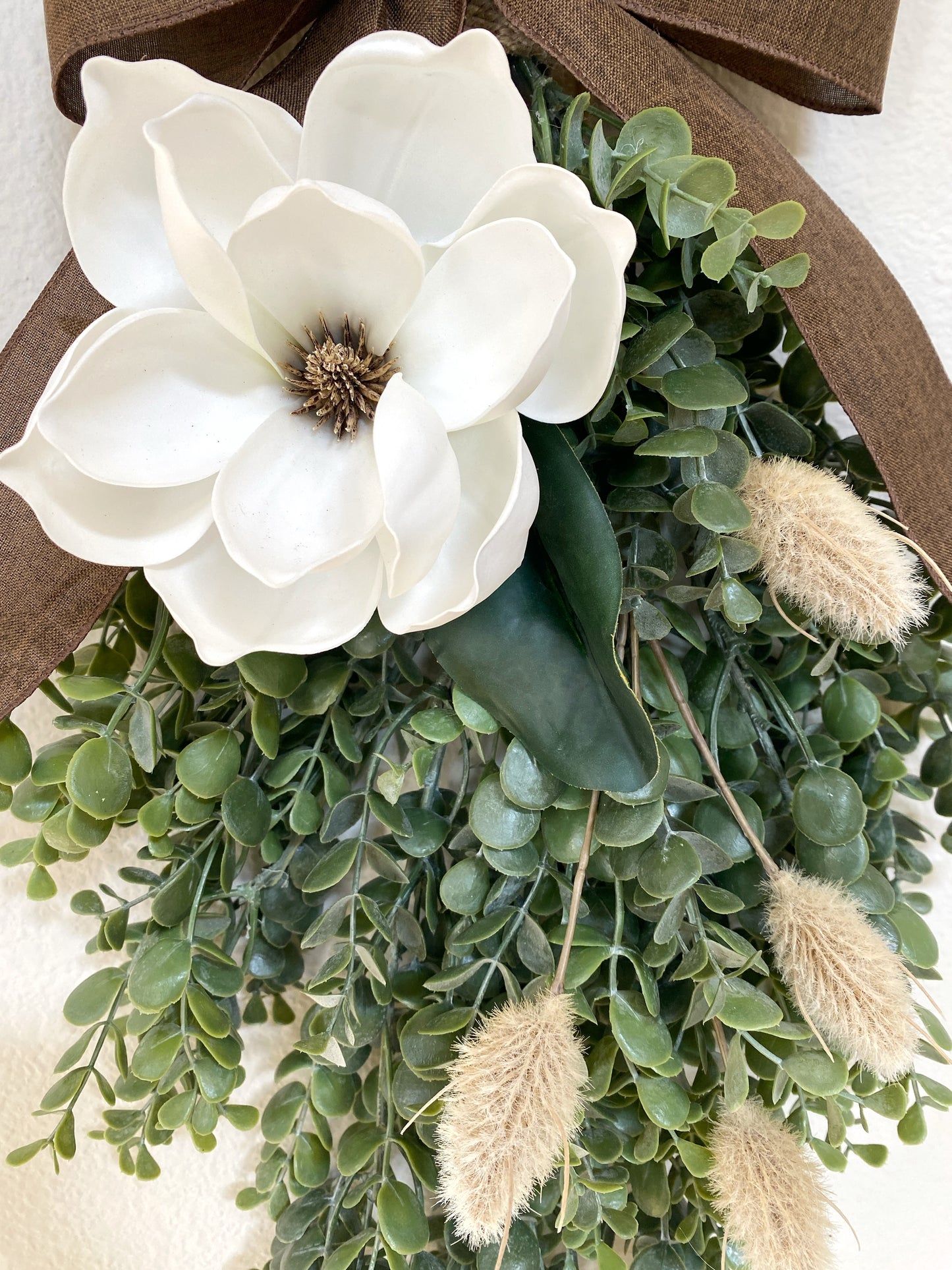 Eucalyptus & Magnolia Door Swag with Brown Burlap Bow -  High Quality Artificial Door Swag - All Year Door Decor - Double Door Swag / Wreath