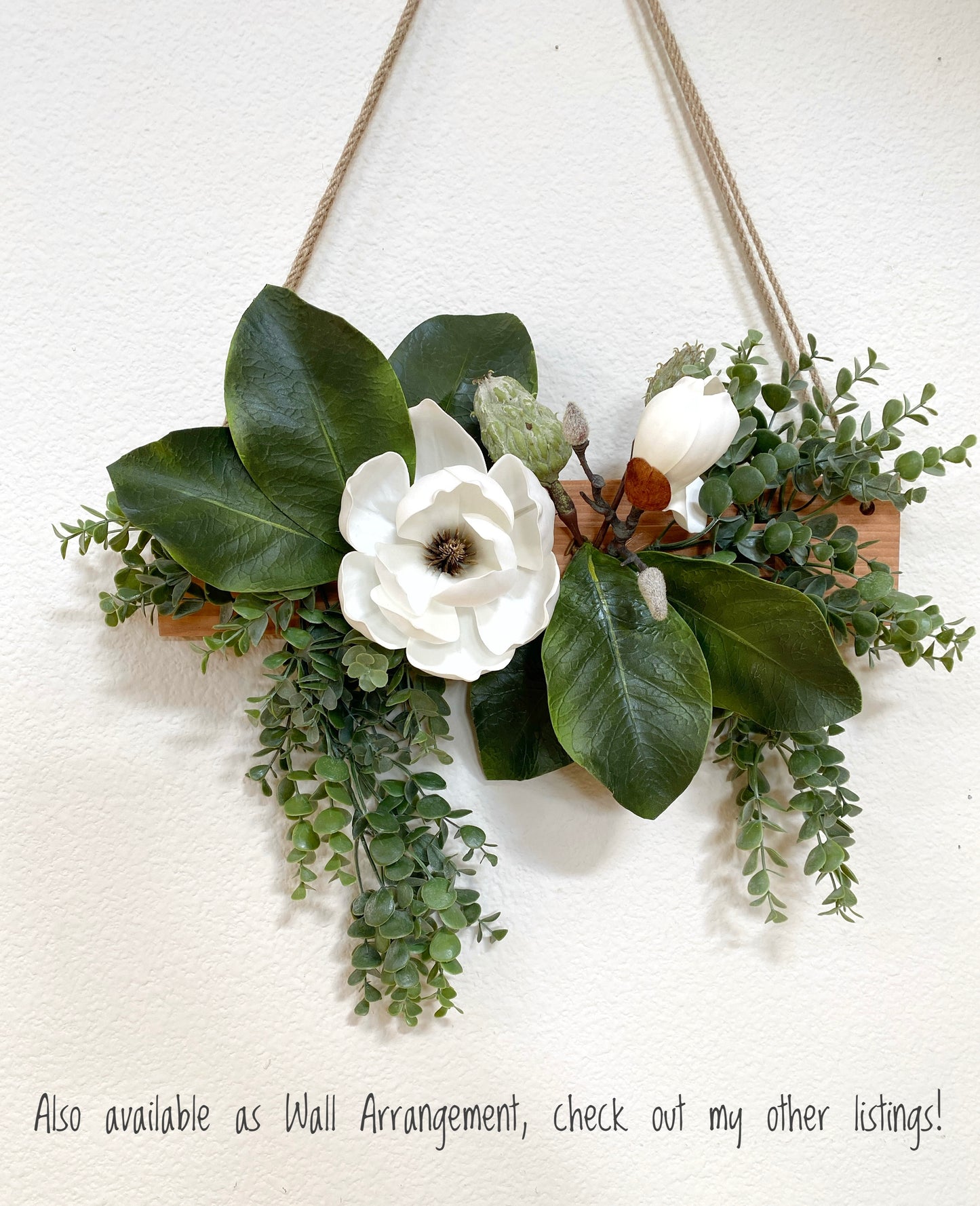 Table Centerpiece Wood and Magnolia Flowers - Real Touch Magnolia and Eucalyptus Arrangement in Dough Bowl - High Quality Faux Home Decor