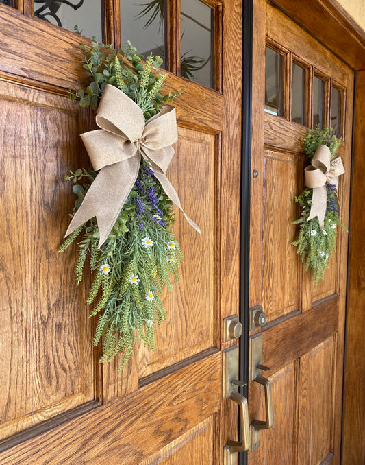 Spring Door Swag with Eucalyptus, Lavender and Daisy Flowers - FAUX Front Door or Wall Swag, Double Door Wreath, Window Swag, Door Hanger