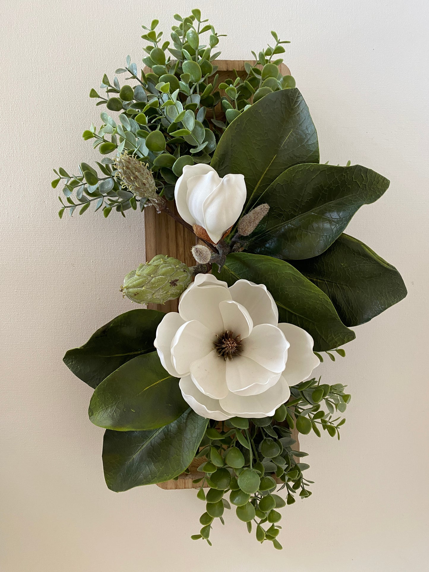 Table Centerpiece Wood and Magnolia Flowers - Real Touch Magnolia and Eucalyptus Arrangement in Dough Bowl - High Quality Faux Home Decor