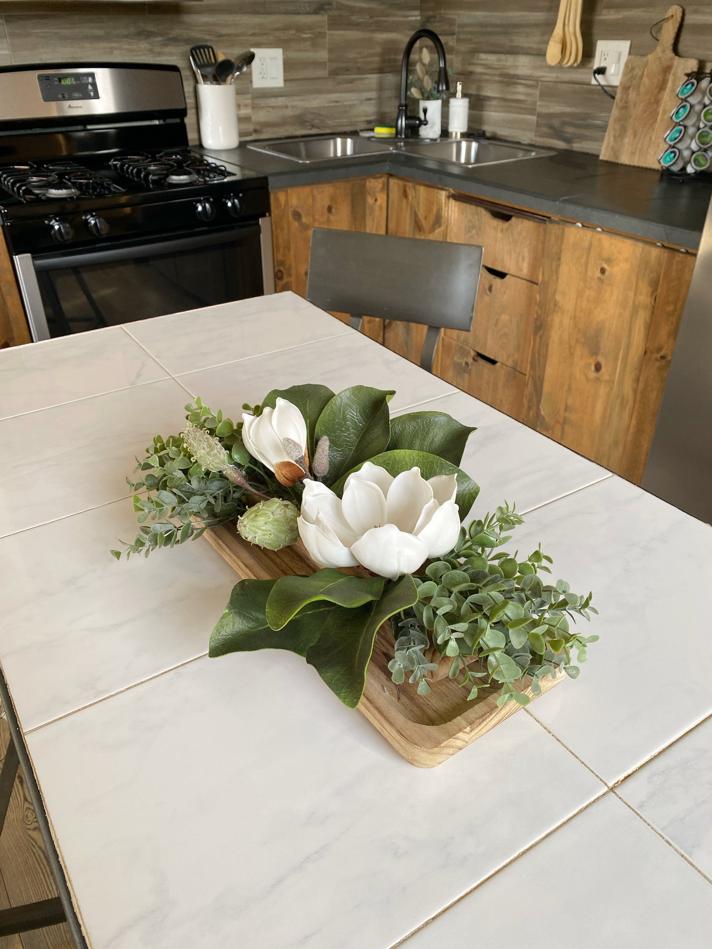 Table Centerpiece Wood and Magnolia Flowers - Real Touch Magnolia and Eucalyptus Arrangement in Dough Bowl - High Quality Faux Home Decor