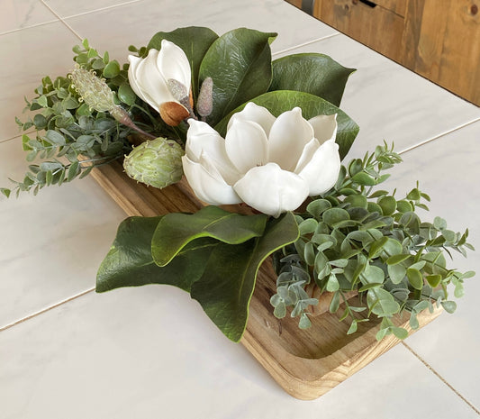 Table Centerpiece Wood and Magnolia Flowers - Real Touch Magnolia and Eucalyptus Arrangement in Dough Bowl - High Quality Faux Home Decor