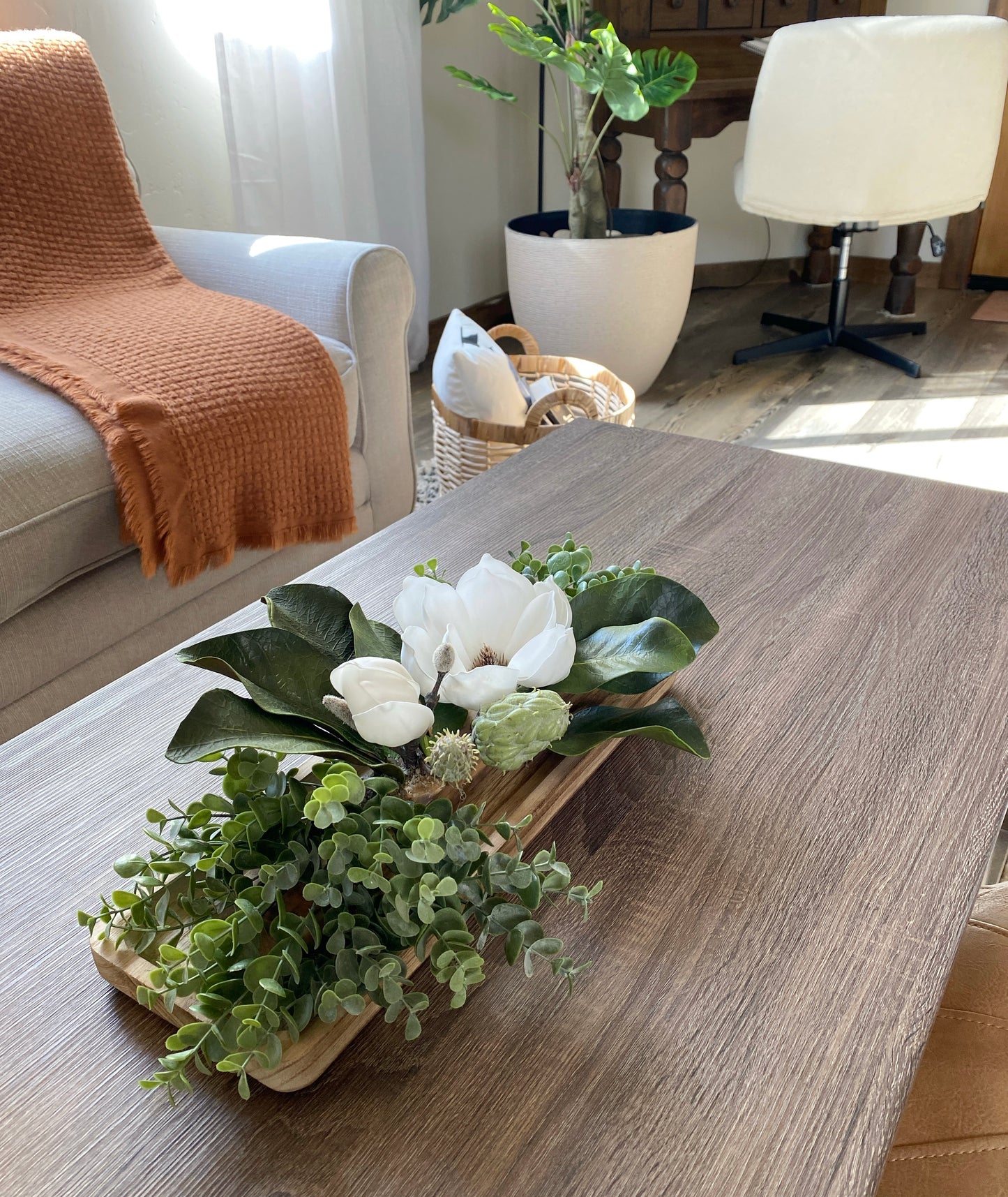 Table Centerpiece Wood and Magnolia Flowers - Real Touch Magnolia and Eucalyptus Arrangement in Dough Bowl - High Quality Faux Home Decor