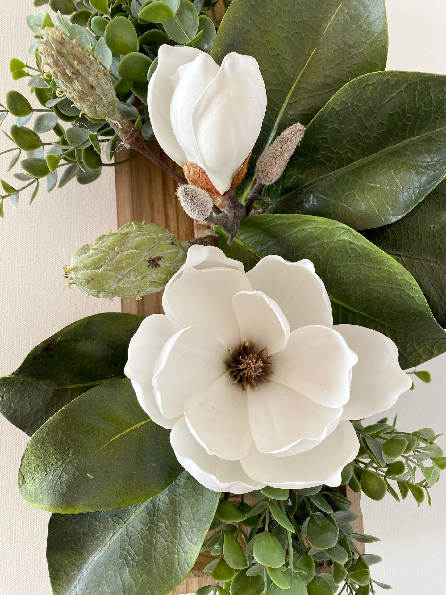 Table Centerpiece Wood and Magnolia Flowers - Real Touch Magnolia and Eucalyptus Arrangement in Dough Bowl - High Quality Faux Home Decor