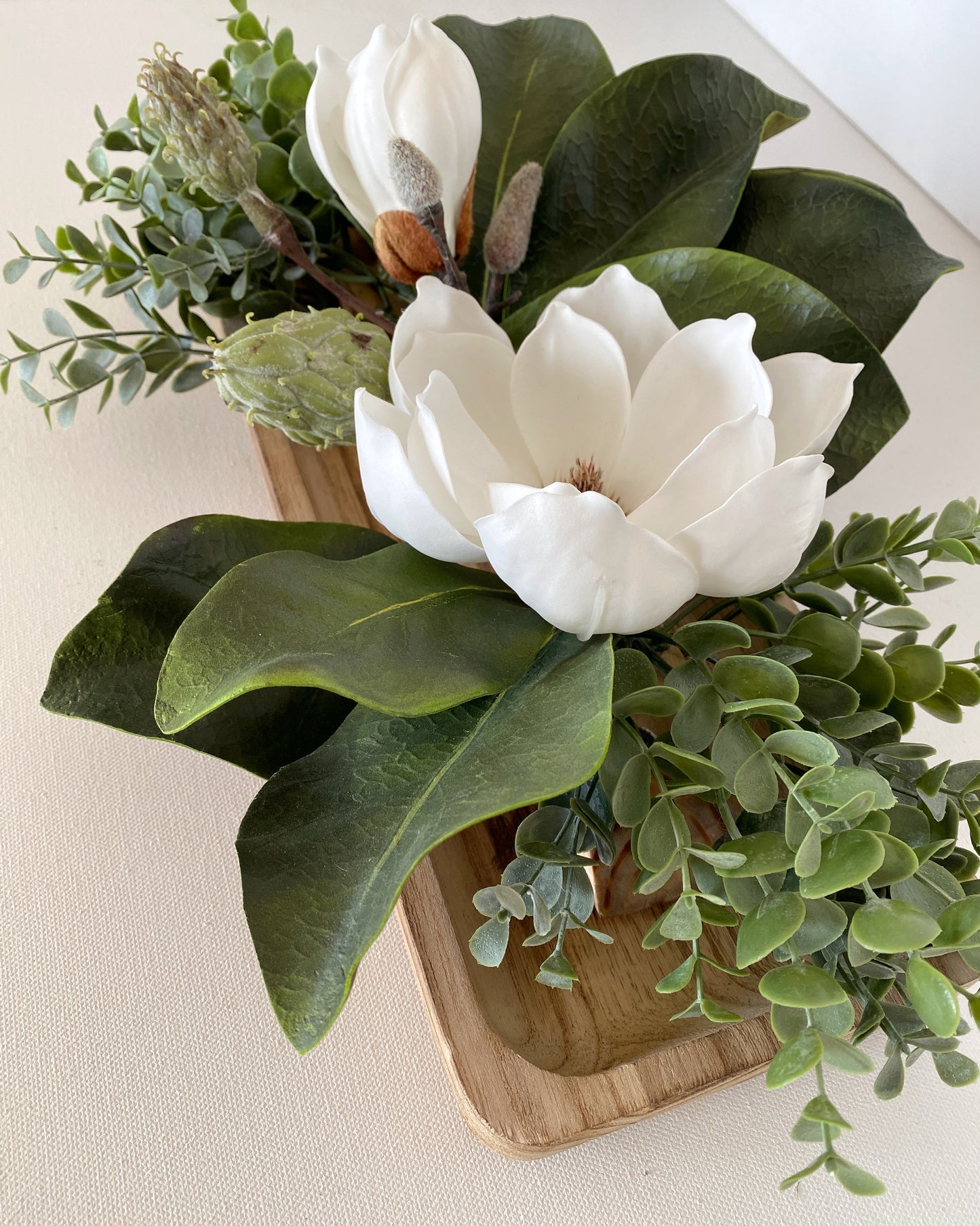 Table Centerpiece Wood and Magnolia Flowers - Real Touch Magnolia and Eucalyptus Arrangement in Dough Bowl - High Quality Faux Home Decor