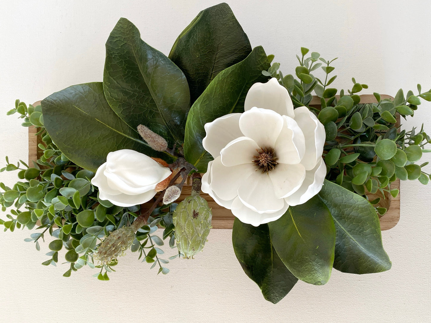 Table Centerpiece Wood and Magnolia Flowers - Real Touch Magnolia and Eucalyptus Arrangement in Dough Bowl - High Quality Faux Home Decor