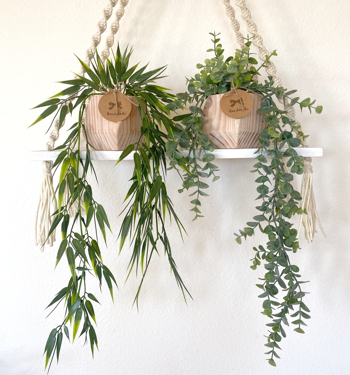 Hanging Faux Bamboo or Eucalyptus Plant in Handmade Wood Pot