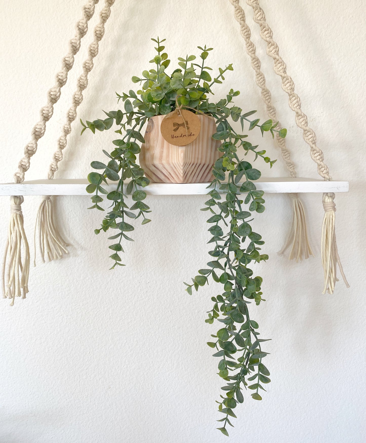 Hanging Faux Bamboo or Eucalyptus Plant in Handmade Wood Pot