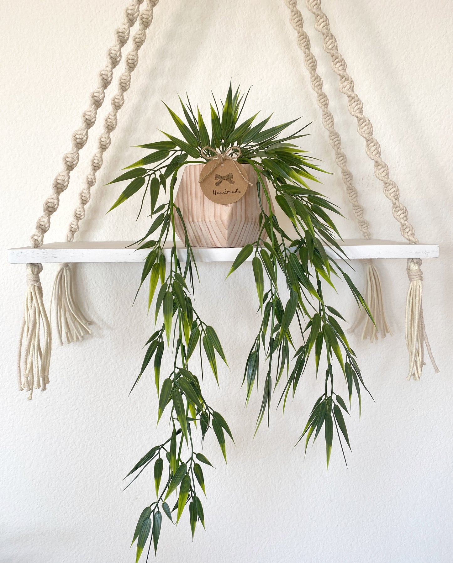 Hanging Faux Bamboo or Eucalyptus Plant in Handmade Wood Pot