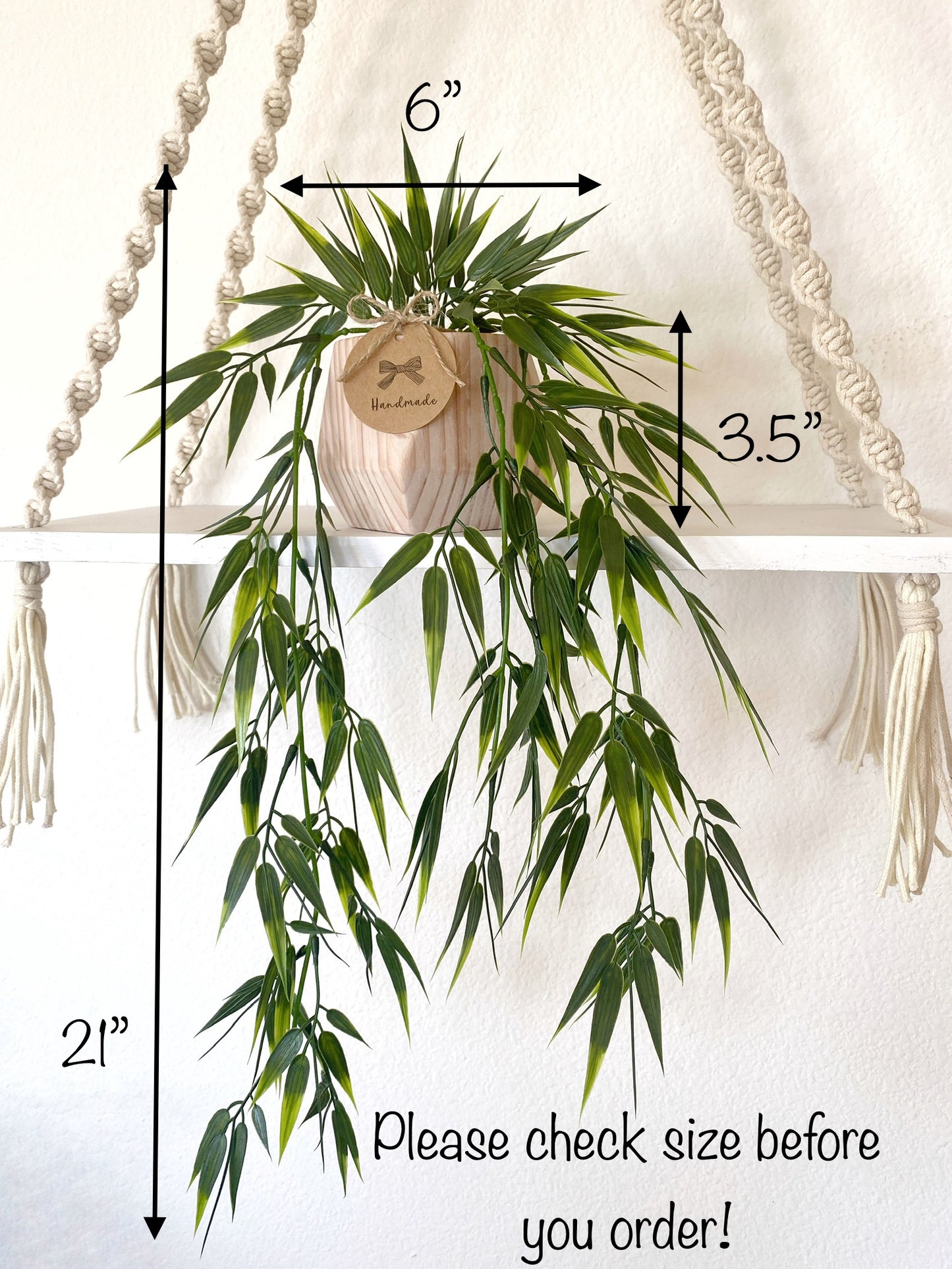 Hanging Faux Bamboo or Eucalyptus Plant in Handmade Wood Pot