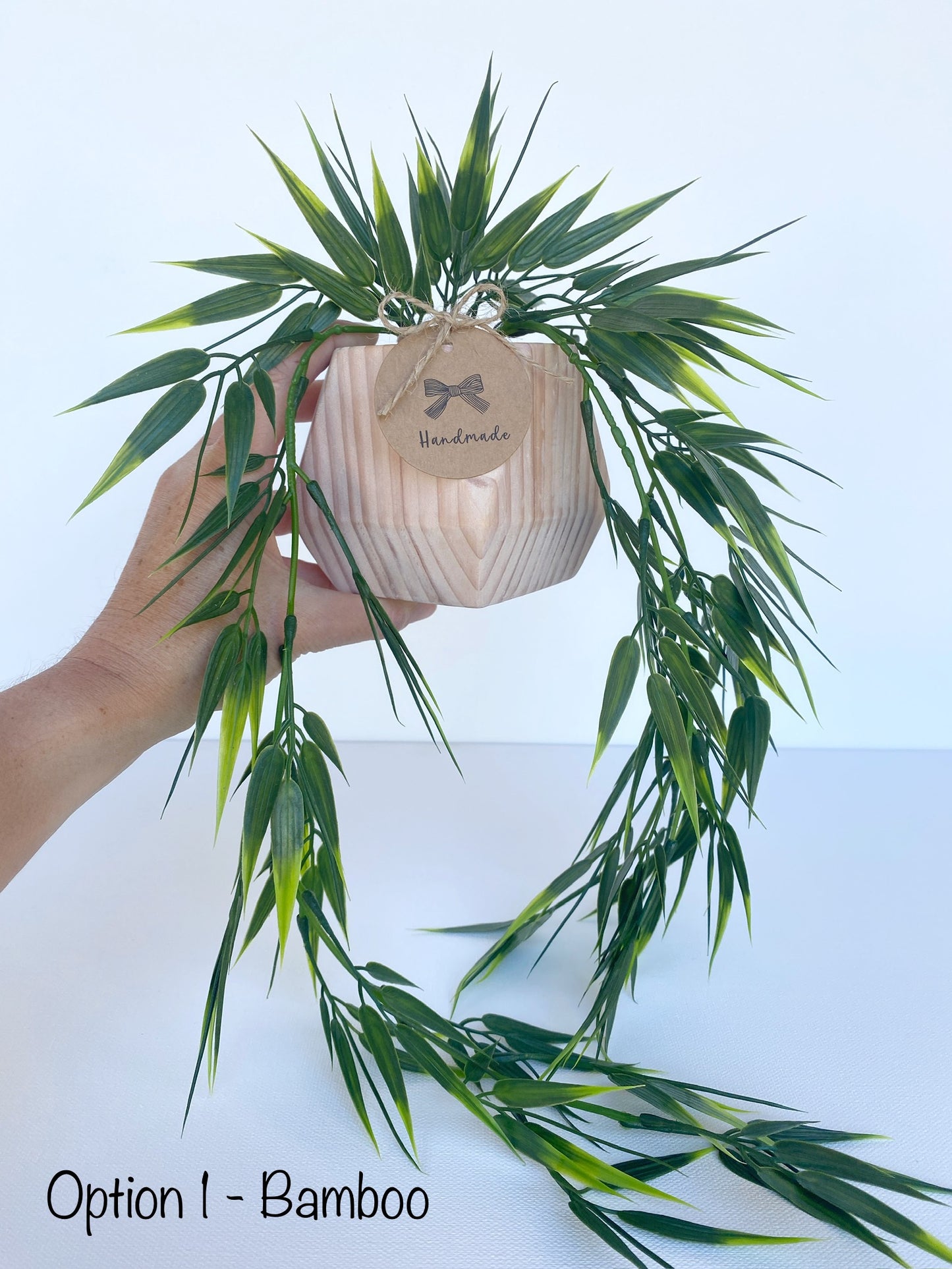 Hanging Faux Bamboo or Eucalyptus Plant in Handmade Wood Pot