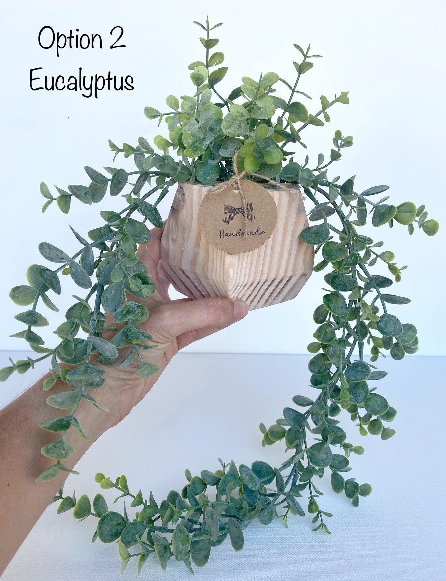 Hanging Faux Bamboo or Eucalyptus Plant in Handmade Wood Pot