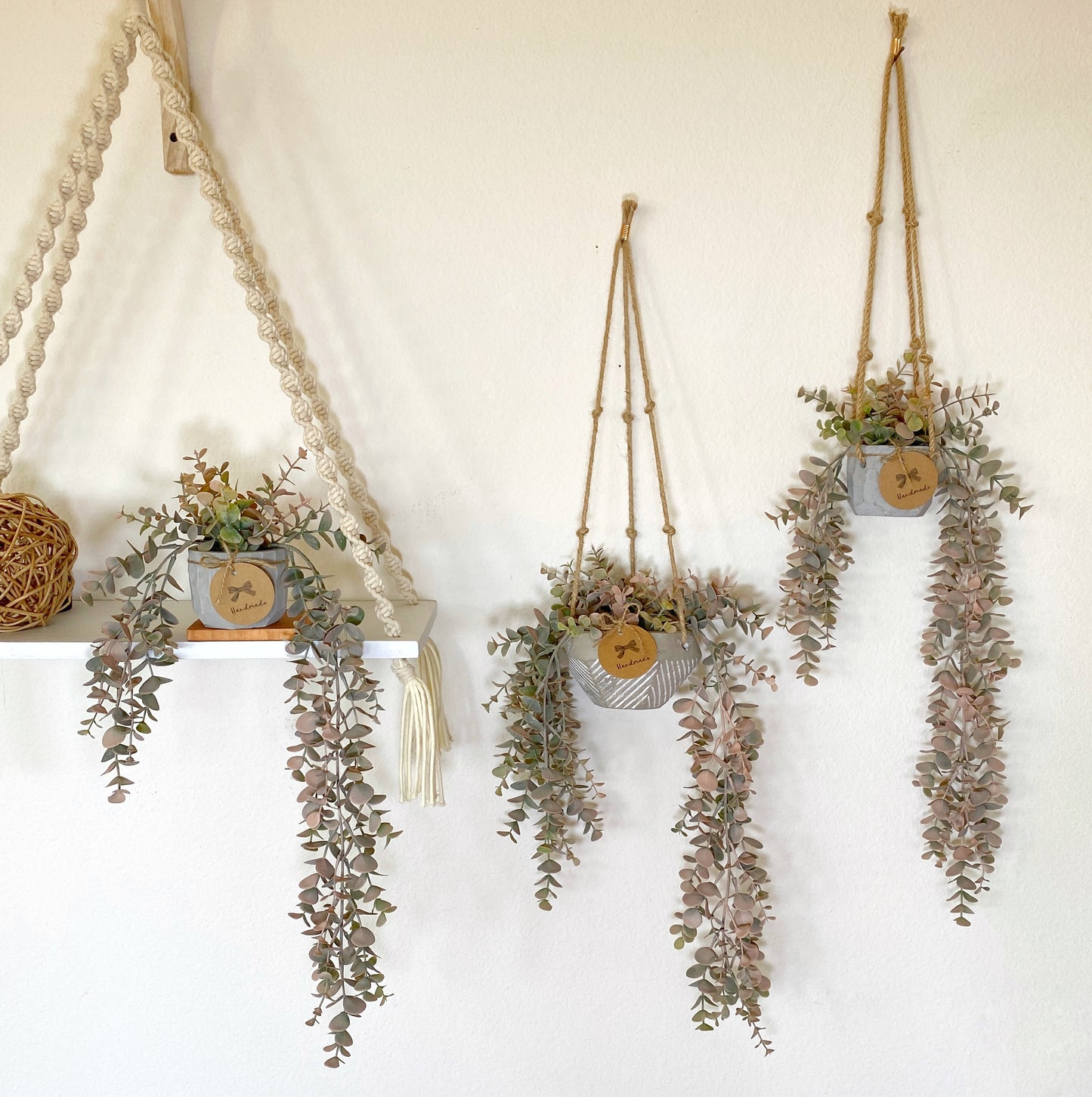 NEW - Pink Eucalyptus Faux Hanging Plant in Handmade Concrete Pot - with Jute Twine OR as Floating Shelve Decor