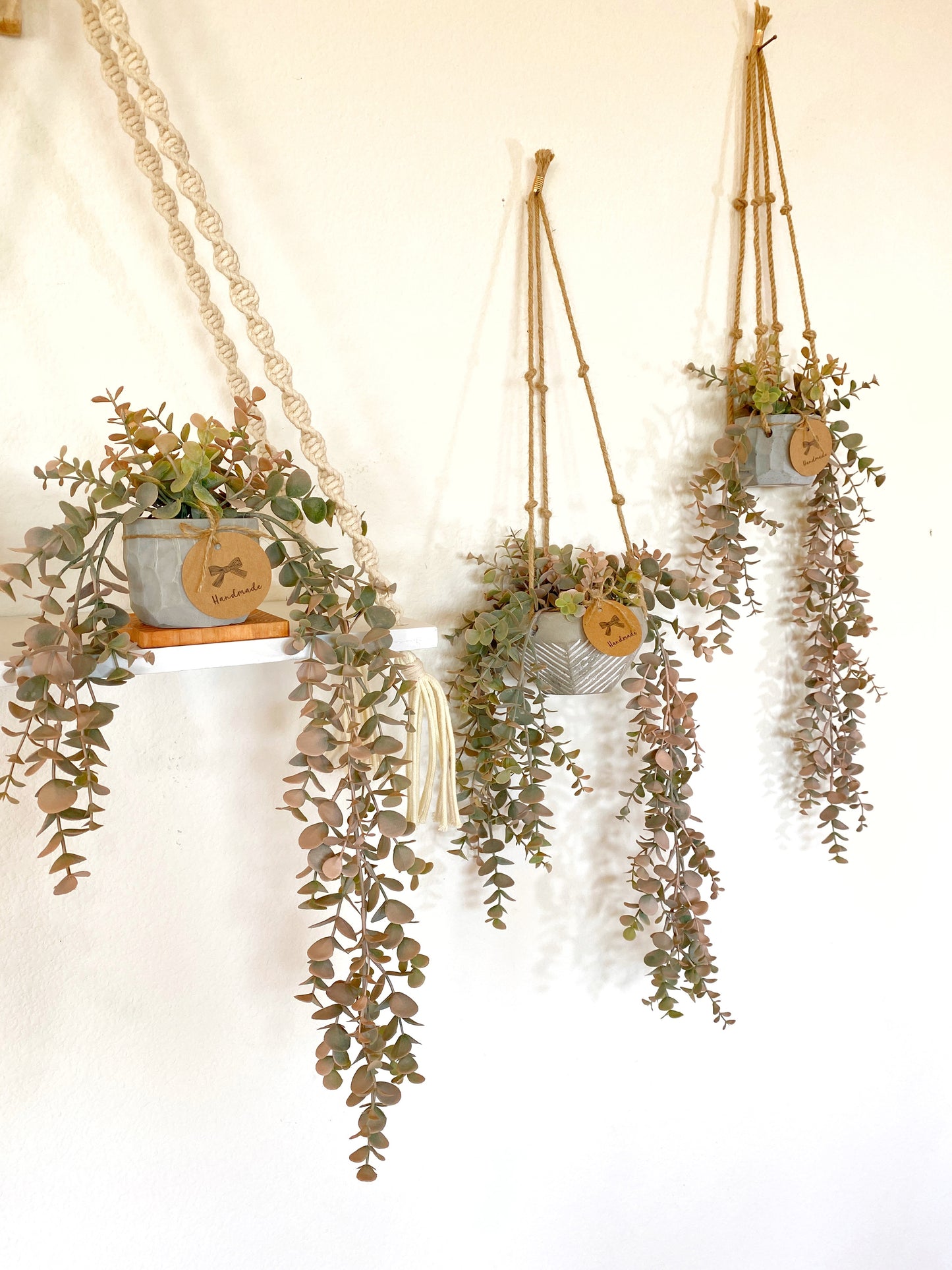 NEW - Pink Eucalyptus Faux Hanging Plant in Handmade Concrete Pot - with Jute Twine OR as Floating Shelve Decor